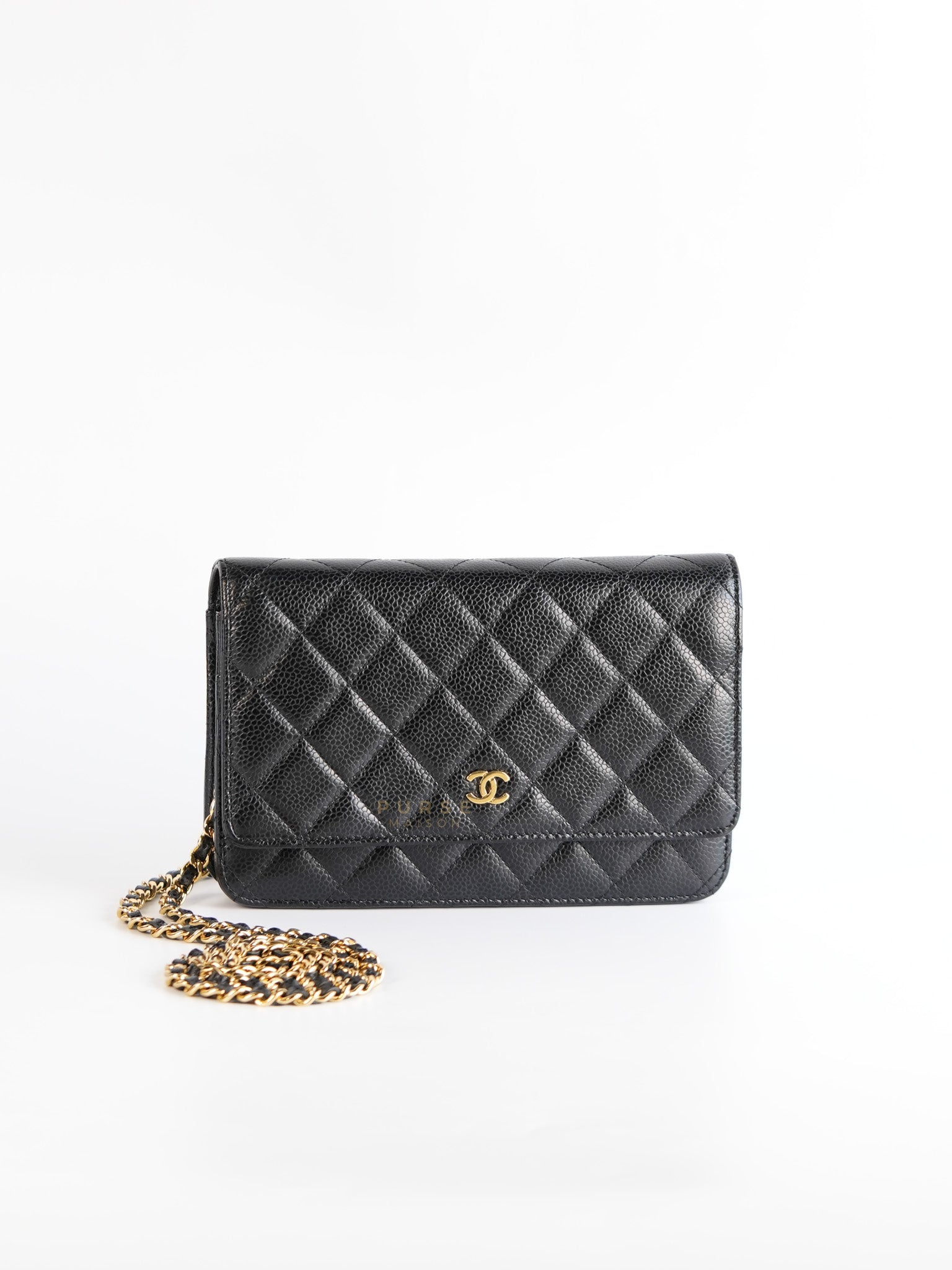 Wallet on Chain(WOC) in Black Caviar Leather with Gold Hardware(Series 28)