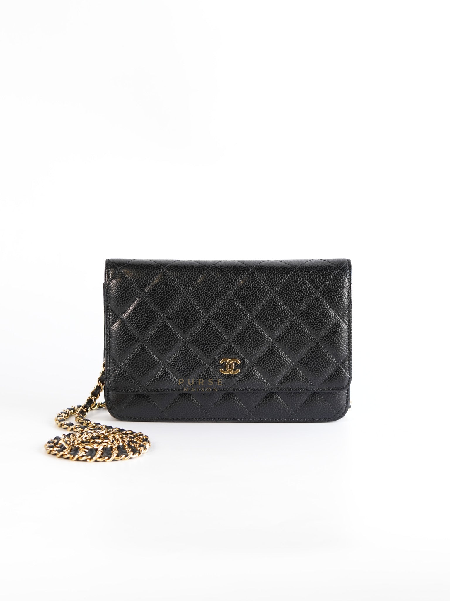 Wallet on Chain(WOC) in Black Caviar Leather with Gold Hardware(Series 28)