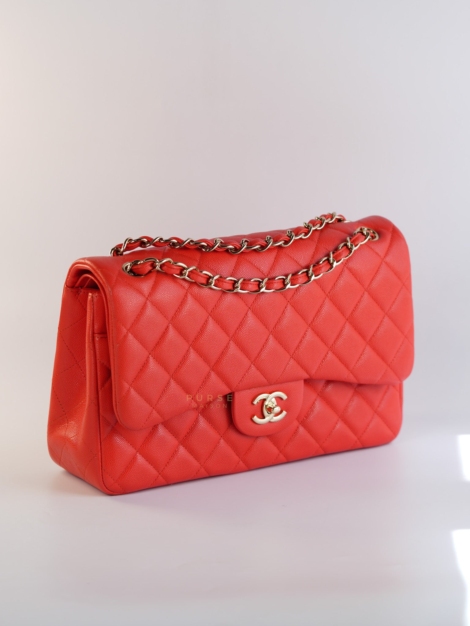Classic Double Flap Jumbo in Dark Coral Caviar Leather Light Gold Hardware(Series 27)