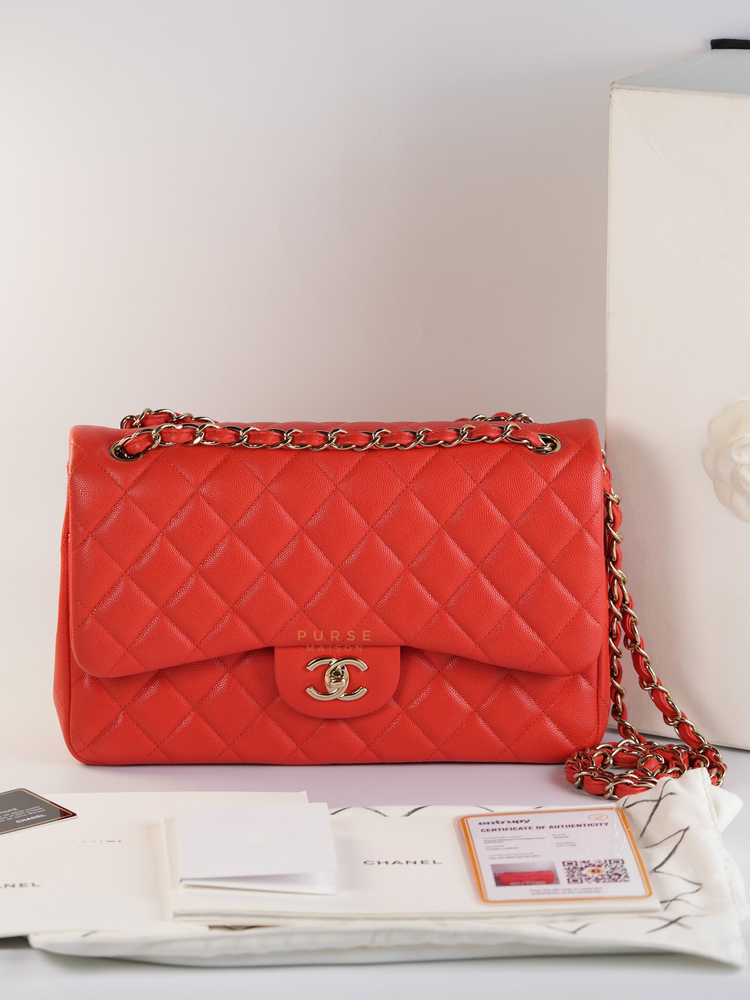 Classic Double Flap Jumbo in Dark Coral Caviar Leather Light Gold Hardware(Series 27)
