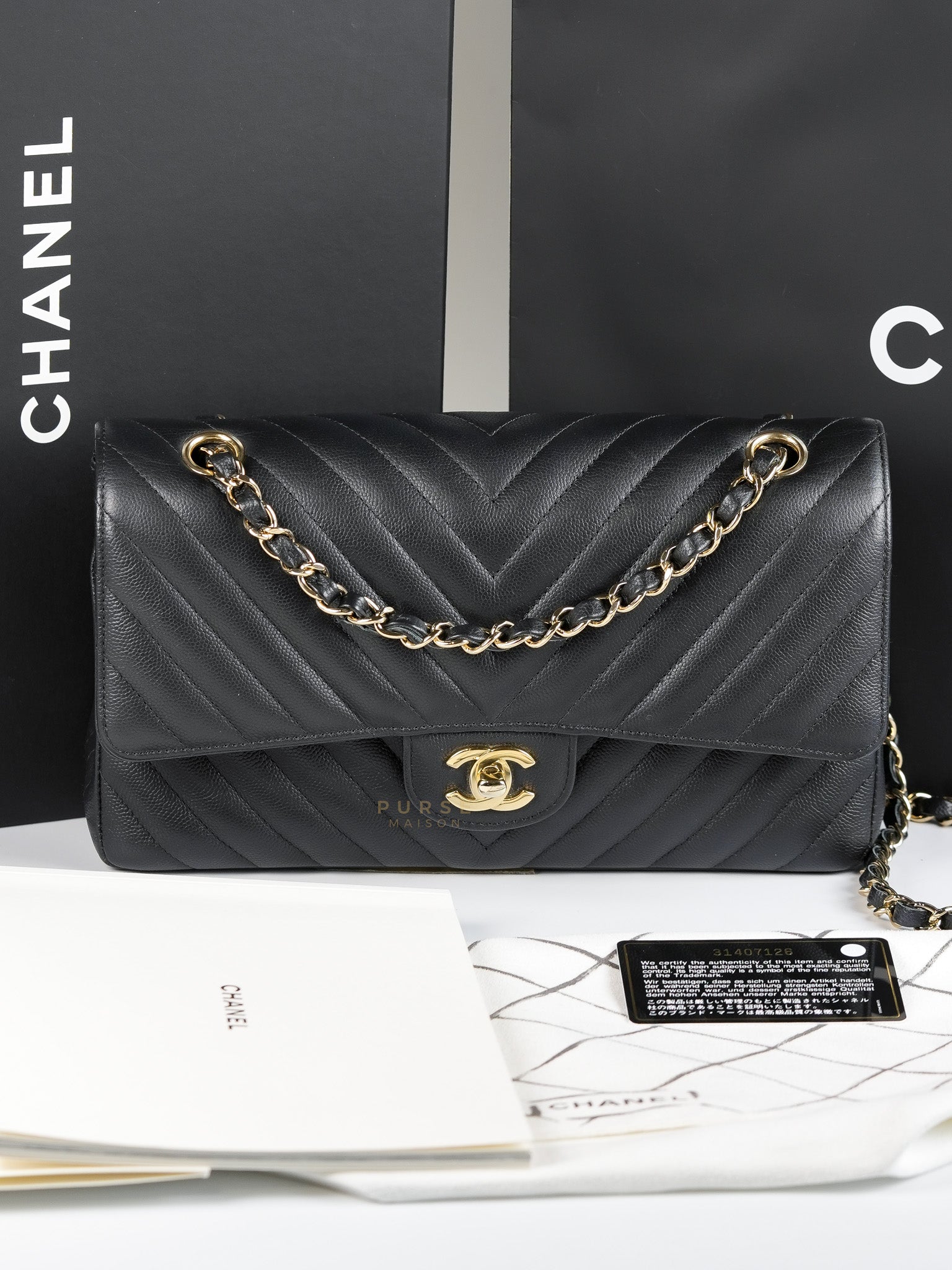 Classic Double Flap Medium Chevron Calfskin Leather and Gold Hardware Series 31