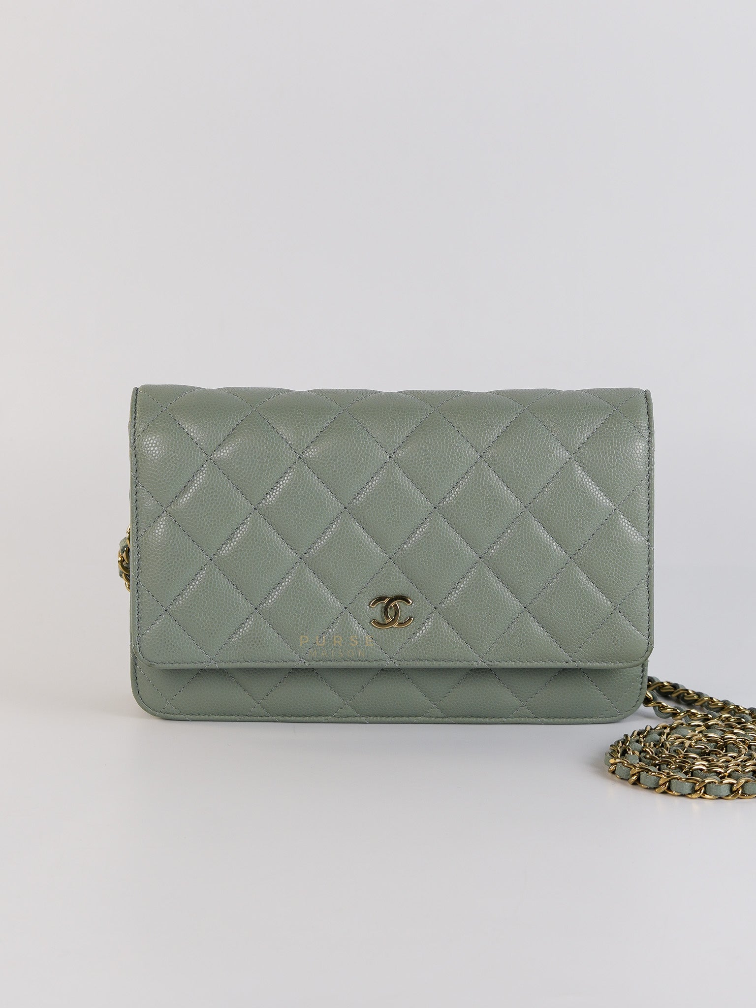 Wallet on Chain(WOC) Light Green Caviar Leather Light Gold Hardware(Microchip)
