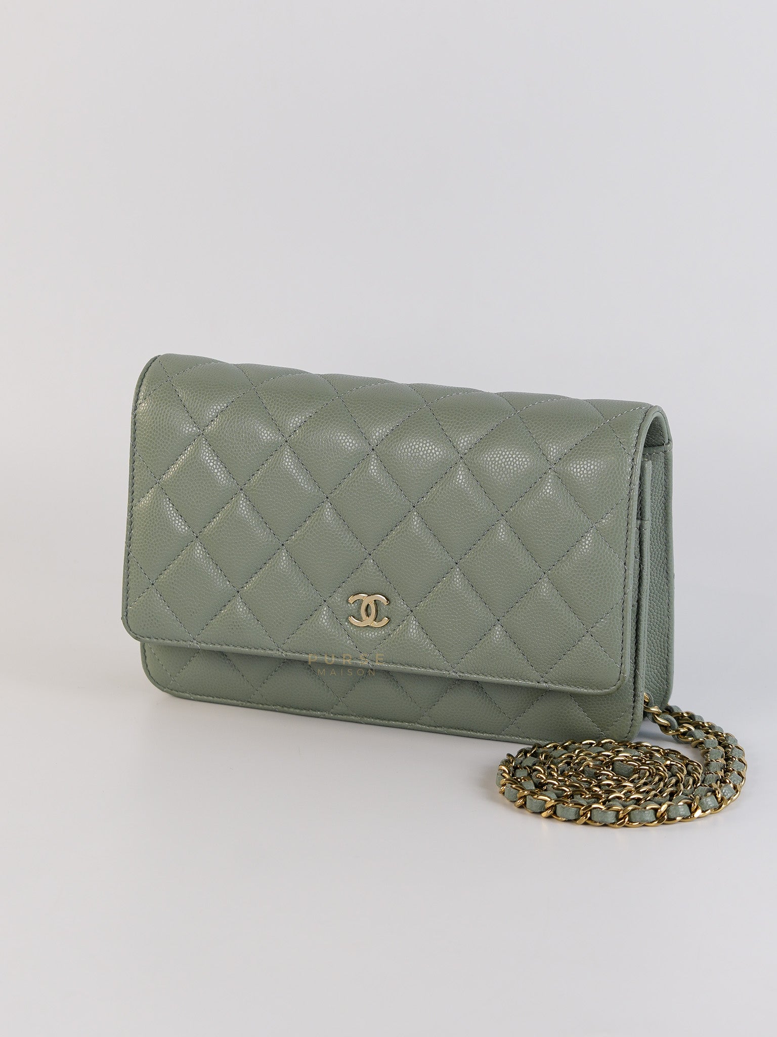 Wallet on Chain(WOC) Light Green Caviar Leather Light Gold Hardware(Microchip)