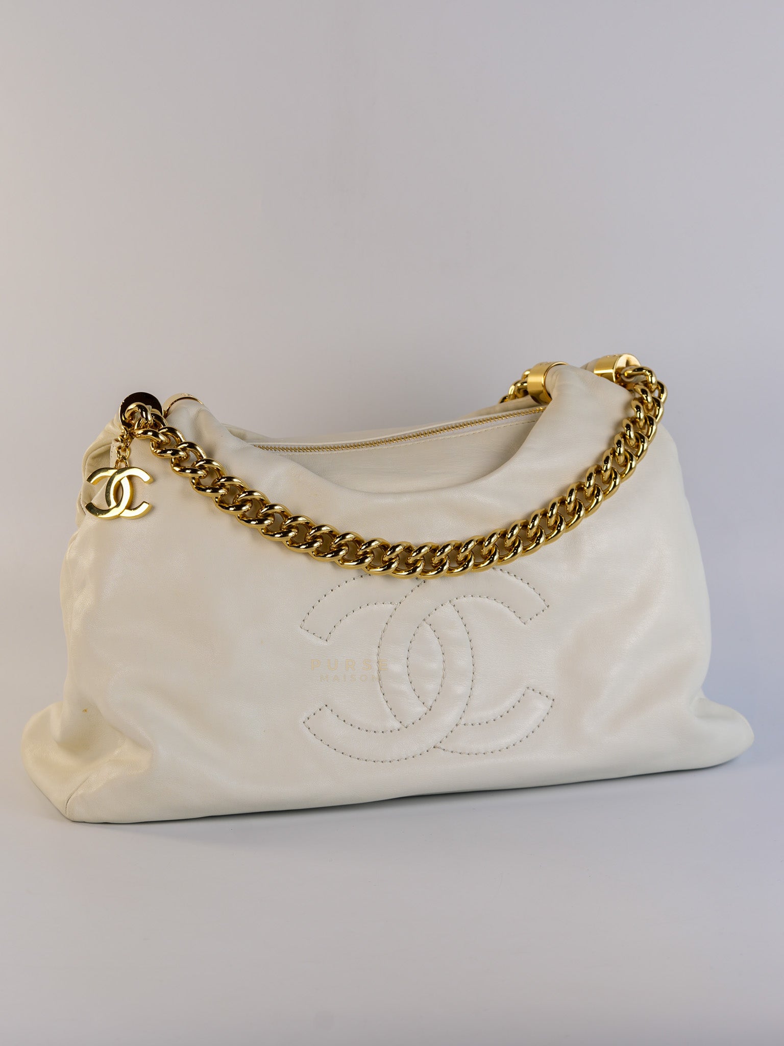Rodeo Drive White Calfskin Leather and Shiny Gold Hardwaere Hobo Bag Series 12