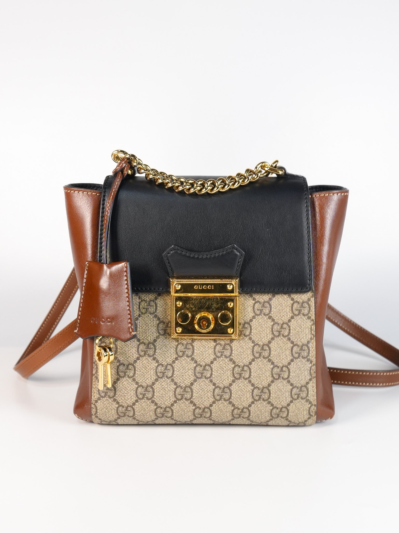 Mini Padlock Backpack GG Coated Canvas in Black & Brown Leather