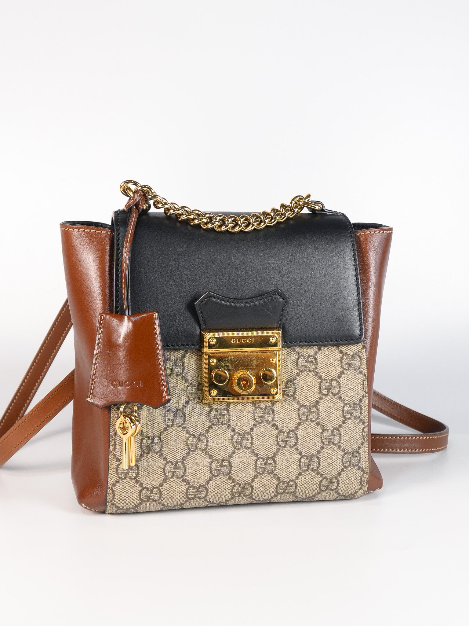 Mini Padlock Backpack GG Coated Canvas in Black & Brown Leather