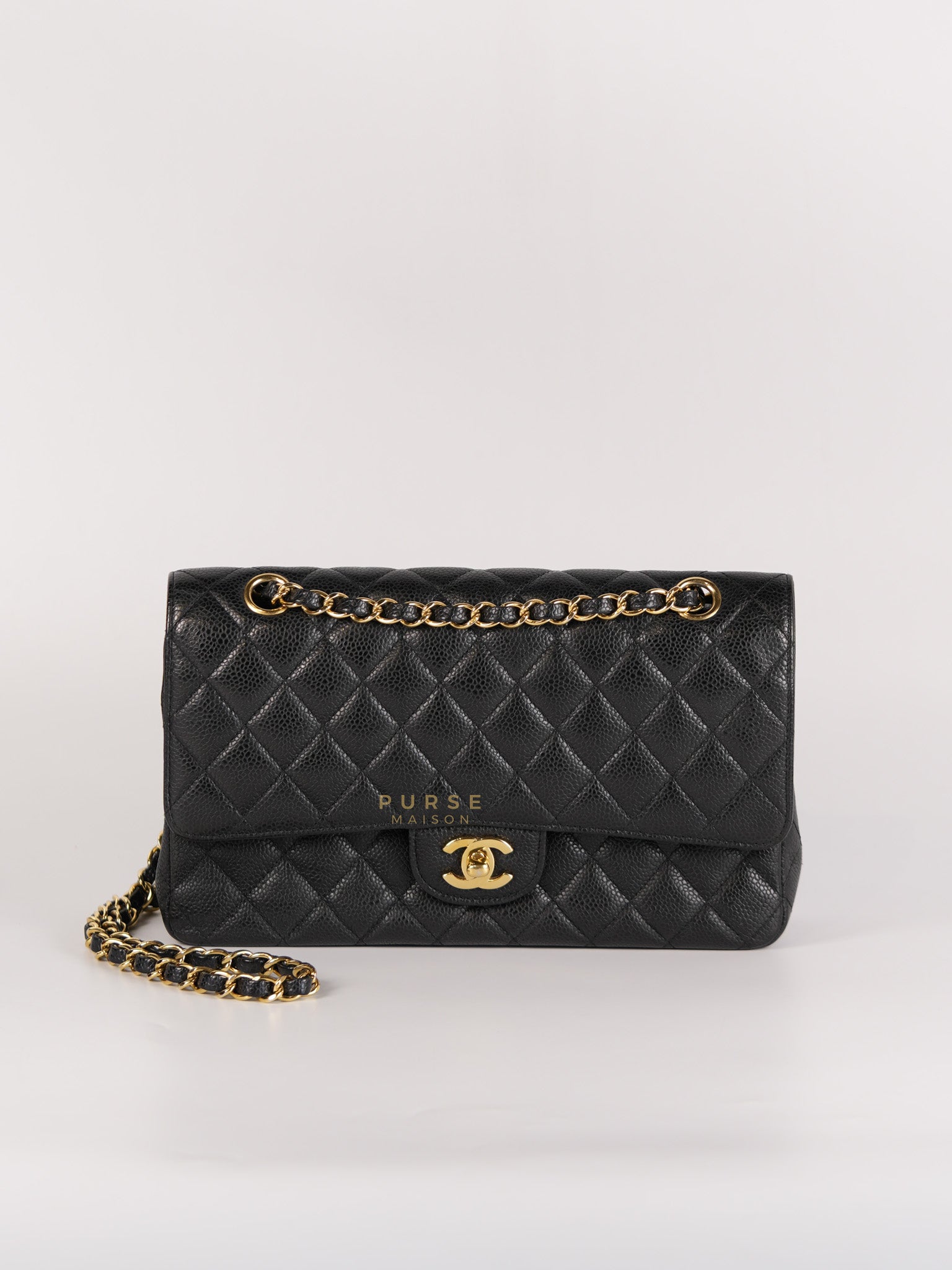 Classic Double Flap Medium in Black Quilted Caviar Leather and Gold Hardware Series 19