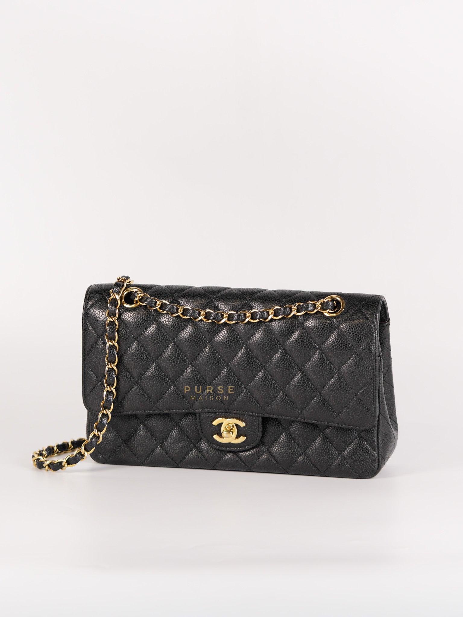 Classic Double Flap Medium in Black Quilted Caviar Leather and Gold Hardware Series 19