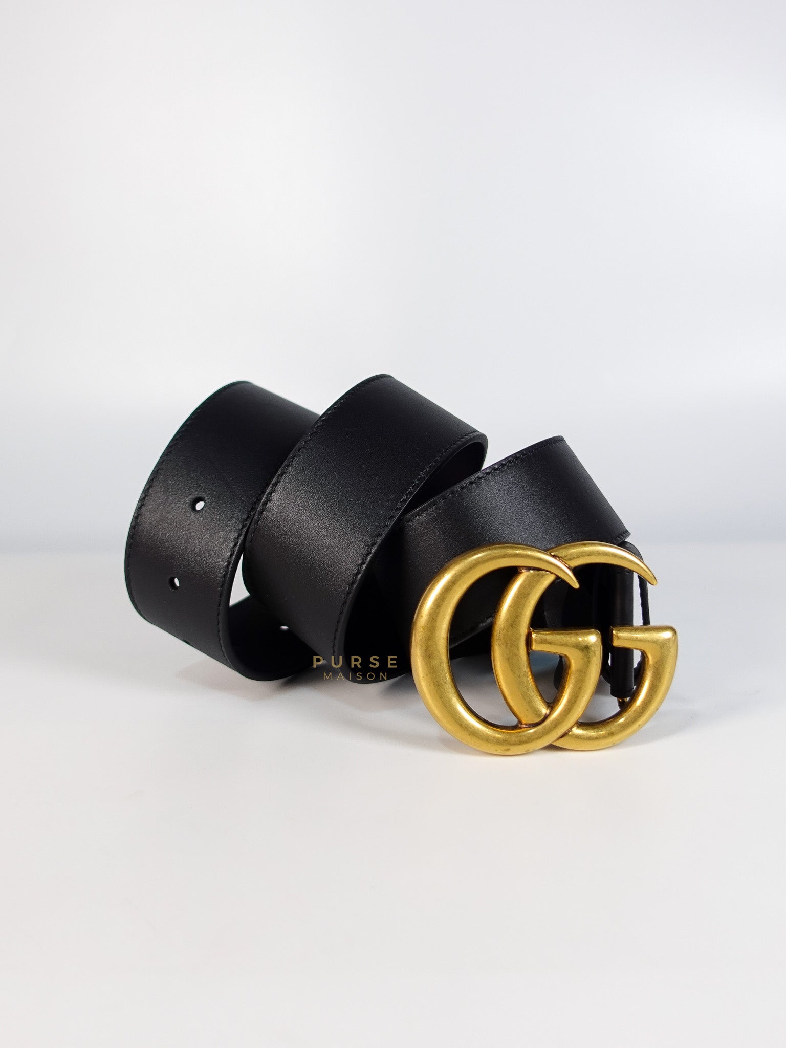 GG Buckle Wide Black Leather Belt 80cm