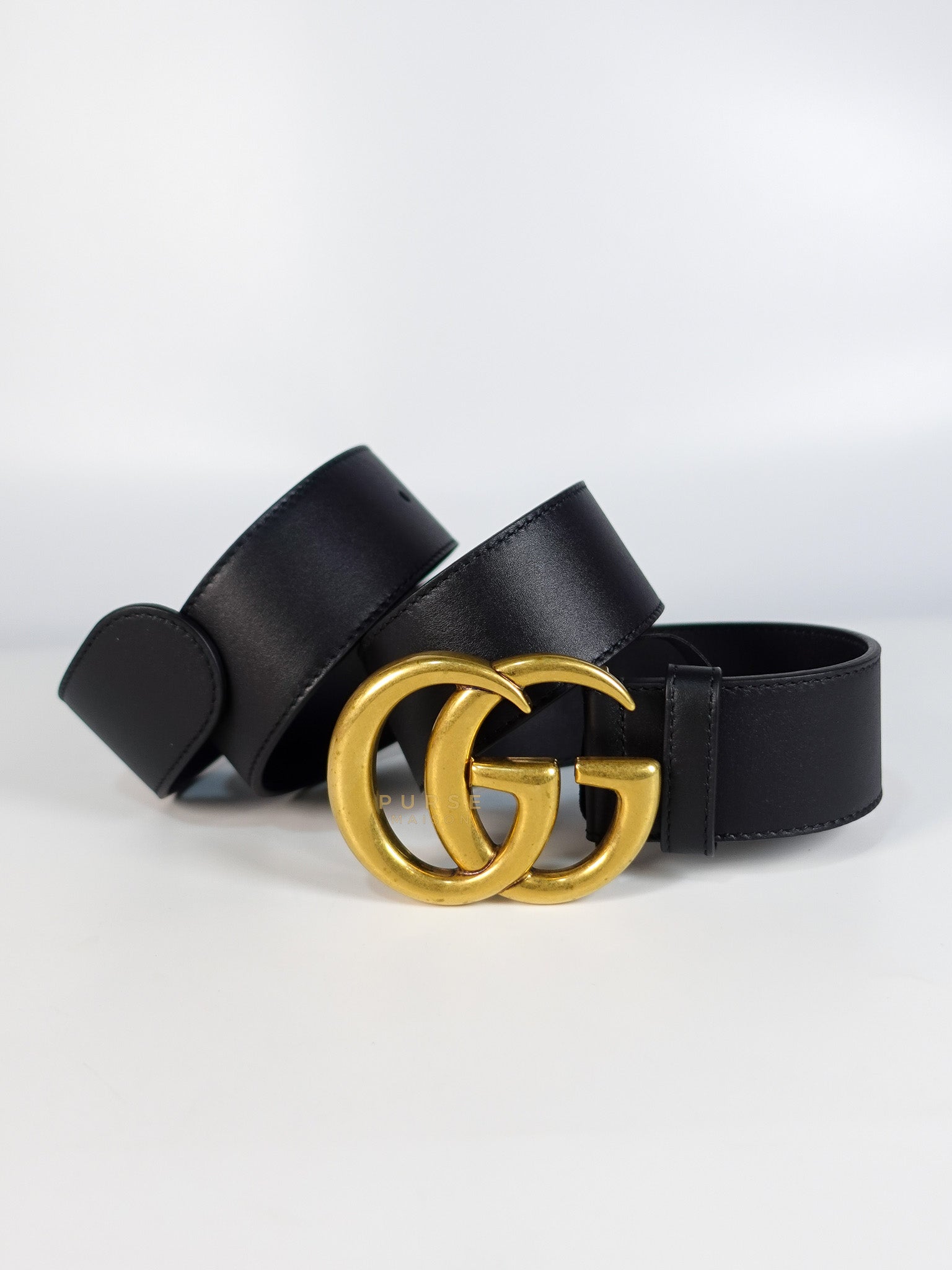 GG Buckle Wide Black Leather Belt 80cm