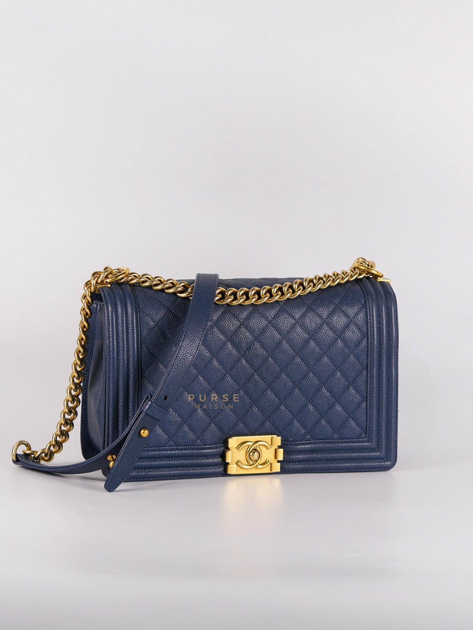 Le Boy New Medium in Navy Blue Quilted Caviar Leather Gold Hardware Series 23