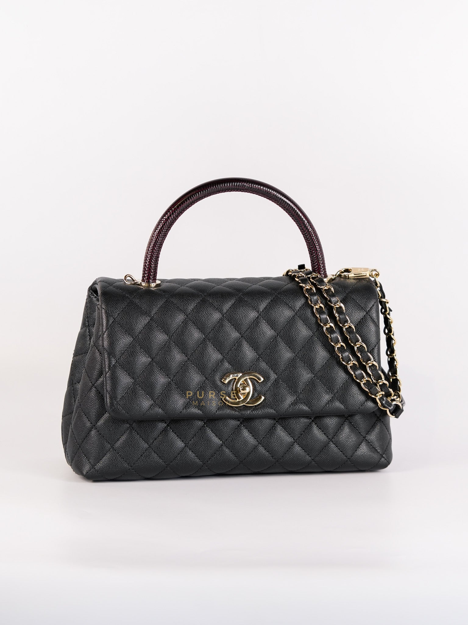 Coco Handle Lizard Medium in Black Quilted Caviar Leather & Light Gold Hardware(Series 30)