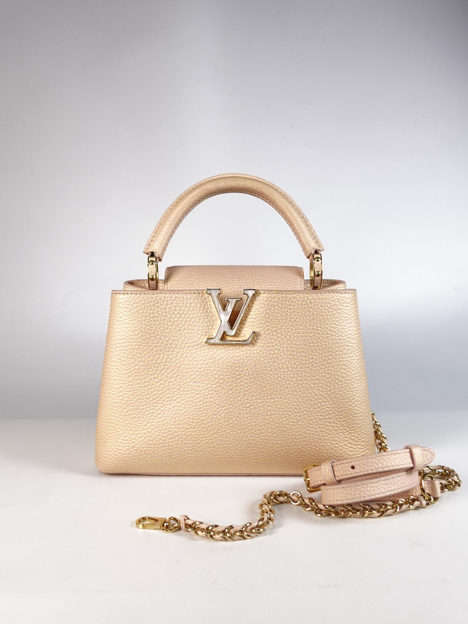 Capucines BB in Peach Mother of Pearl Taurillon Leather