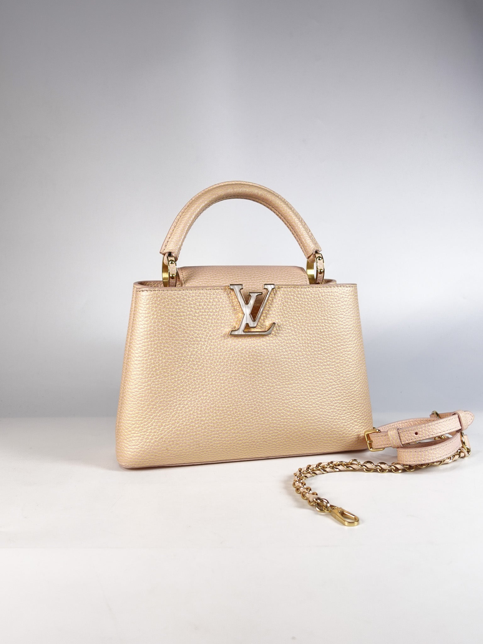 Capucines BB in Peach Mother of Pearl Taurillon Leather