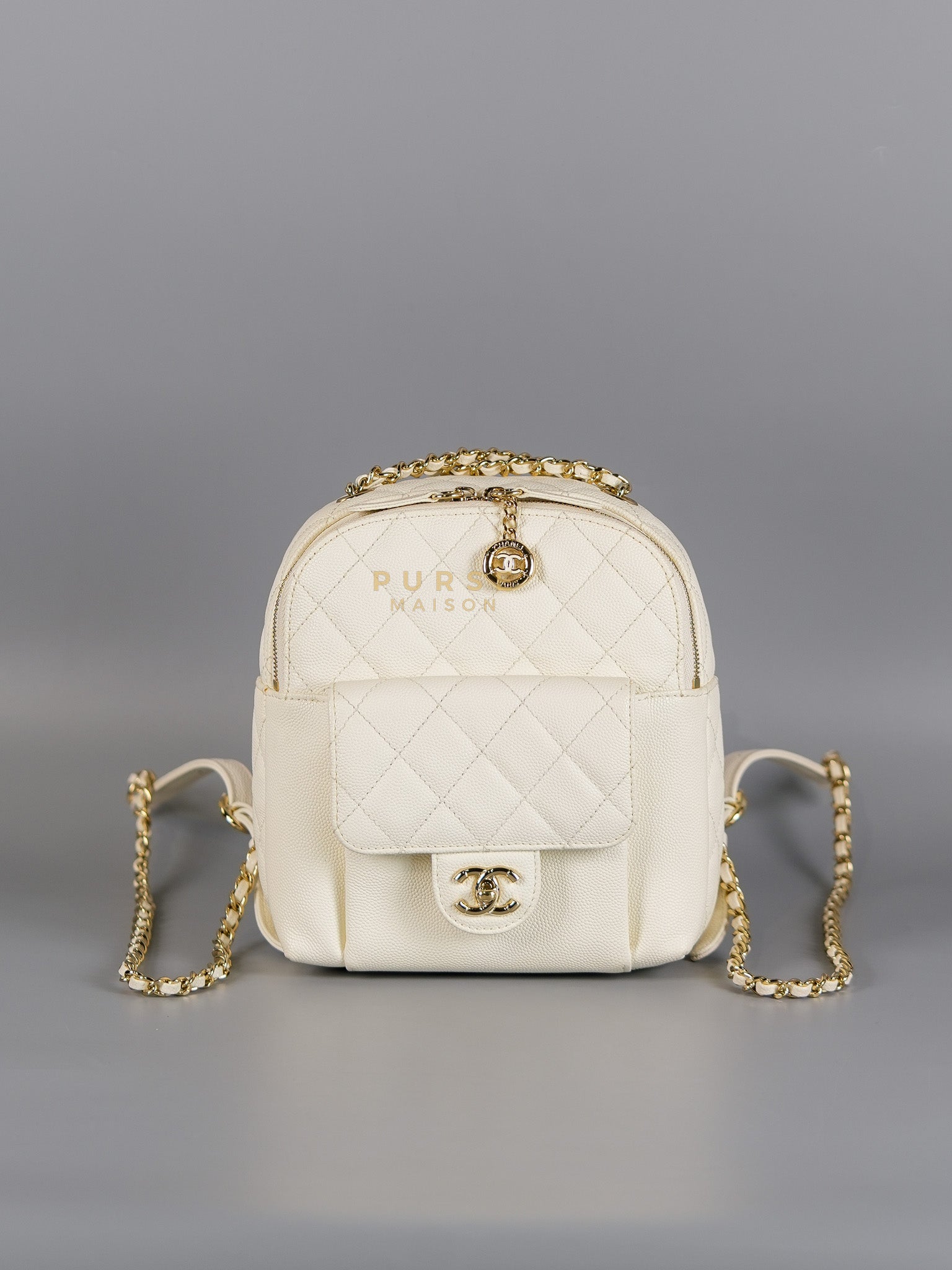 CC Day Backpack Mini in White Quilted Caviar Leather & Light Gold Hardware Series 26