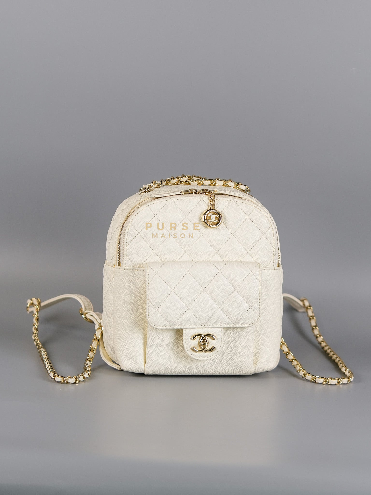 CC Day Backpack Mini in White Quilted Caviar Leather & Light Gold Hardware Series 26