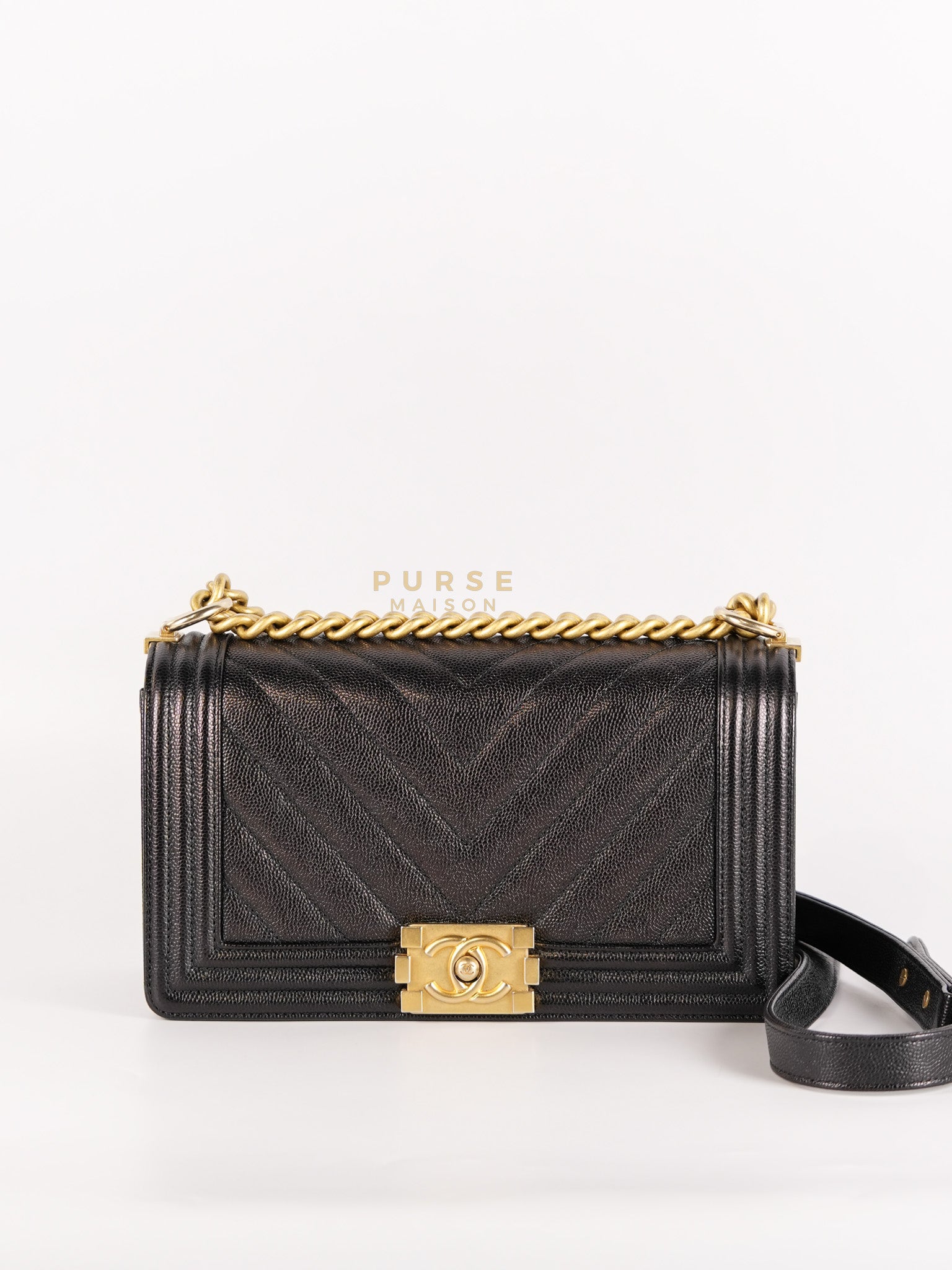 Boy Old Medium in Black Chevron Caviar Leather & Aged Gold Hardware Series 25
