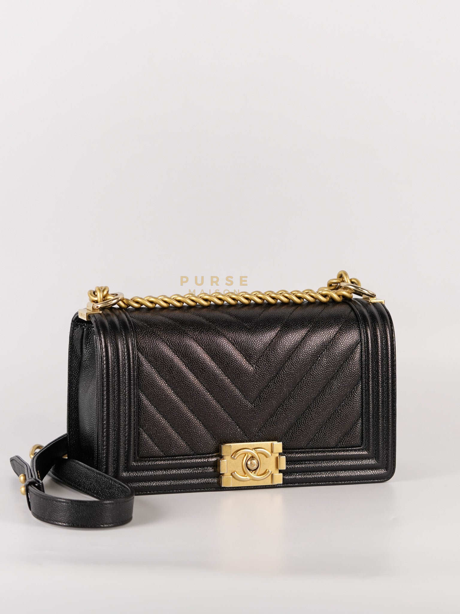 Boy Old Medium in Black Chevron Caviar Leather & Aged Gold Hardware Series 25