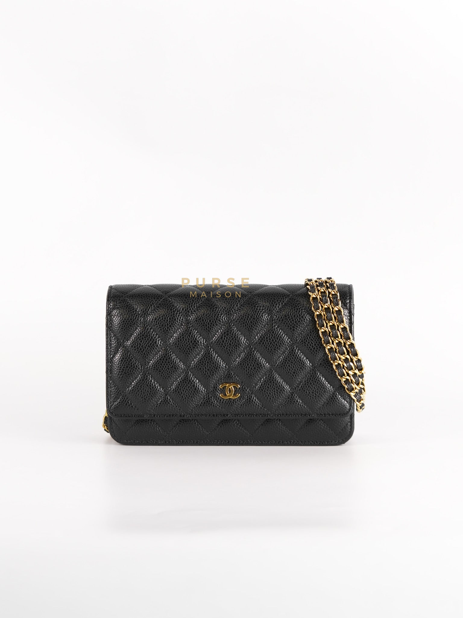 Wallet On Chain (WOC) in Black Quilted Caviar Leather & Gold Hardware (Microchip)