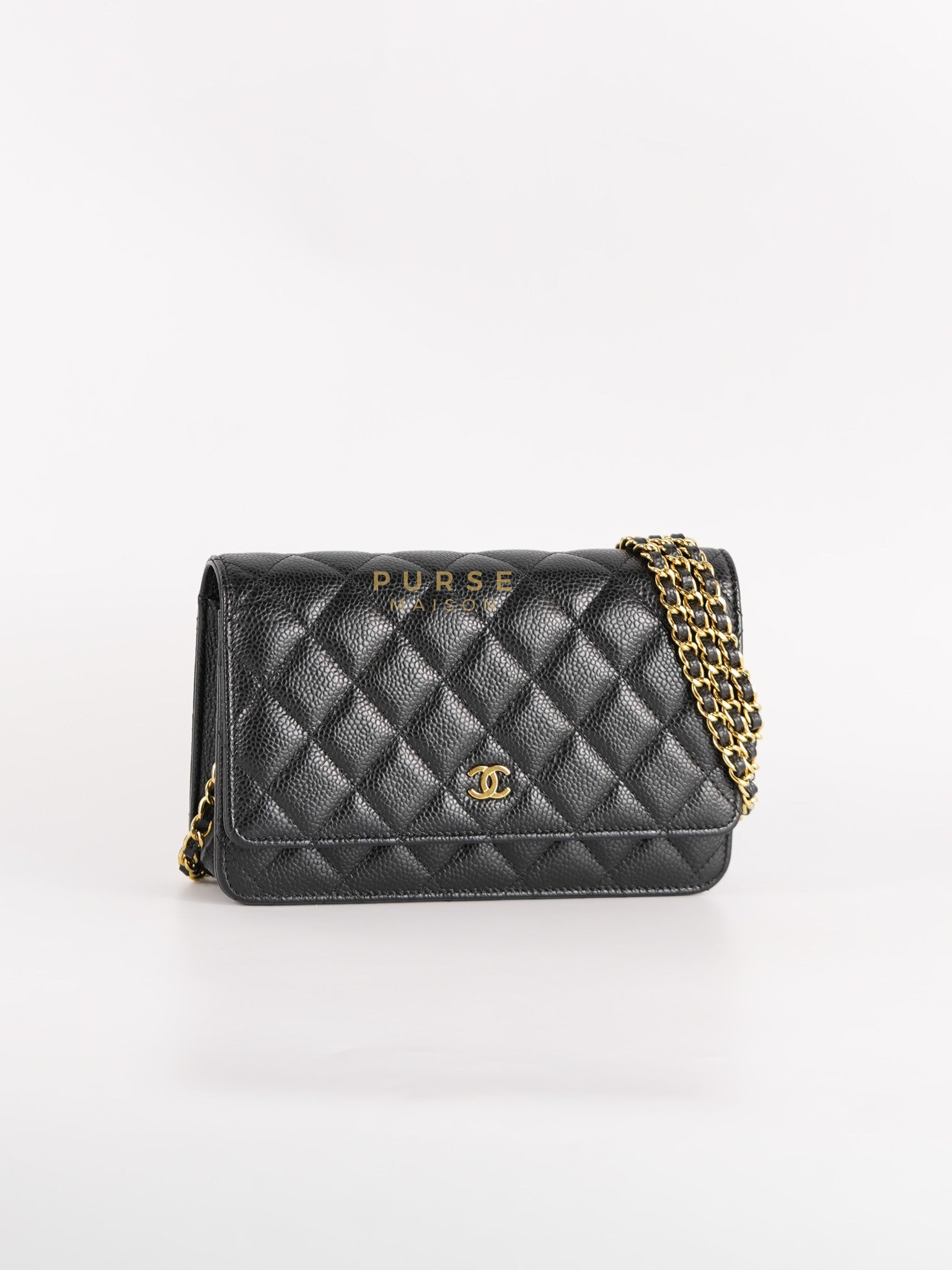Wallet On Chain (WOC) in Black Quilted Caviar Leather & Gold Hardware (Microchip)