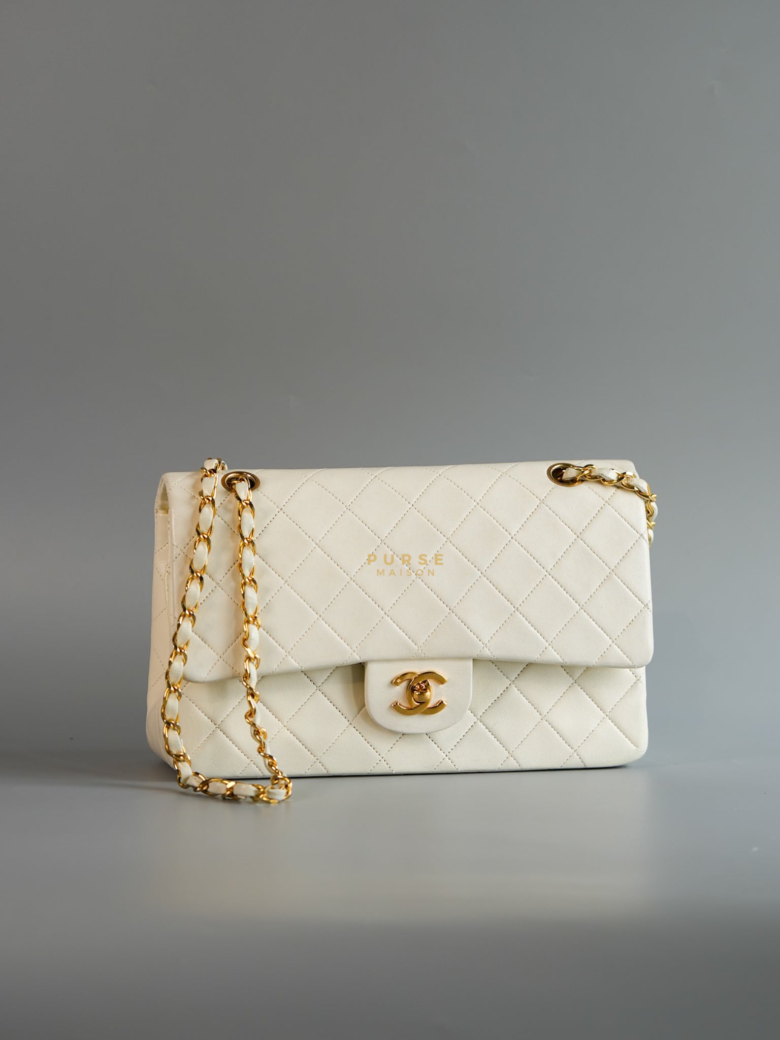 Vintage Classic Double Flap in Medium White Lambskin Leather & 24 karat Gold Hardware Series 0 | Purse Maison Luxury Bags Shop