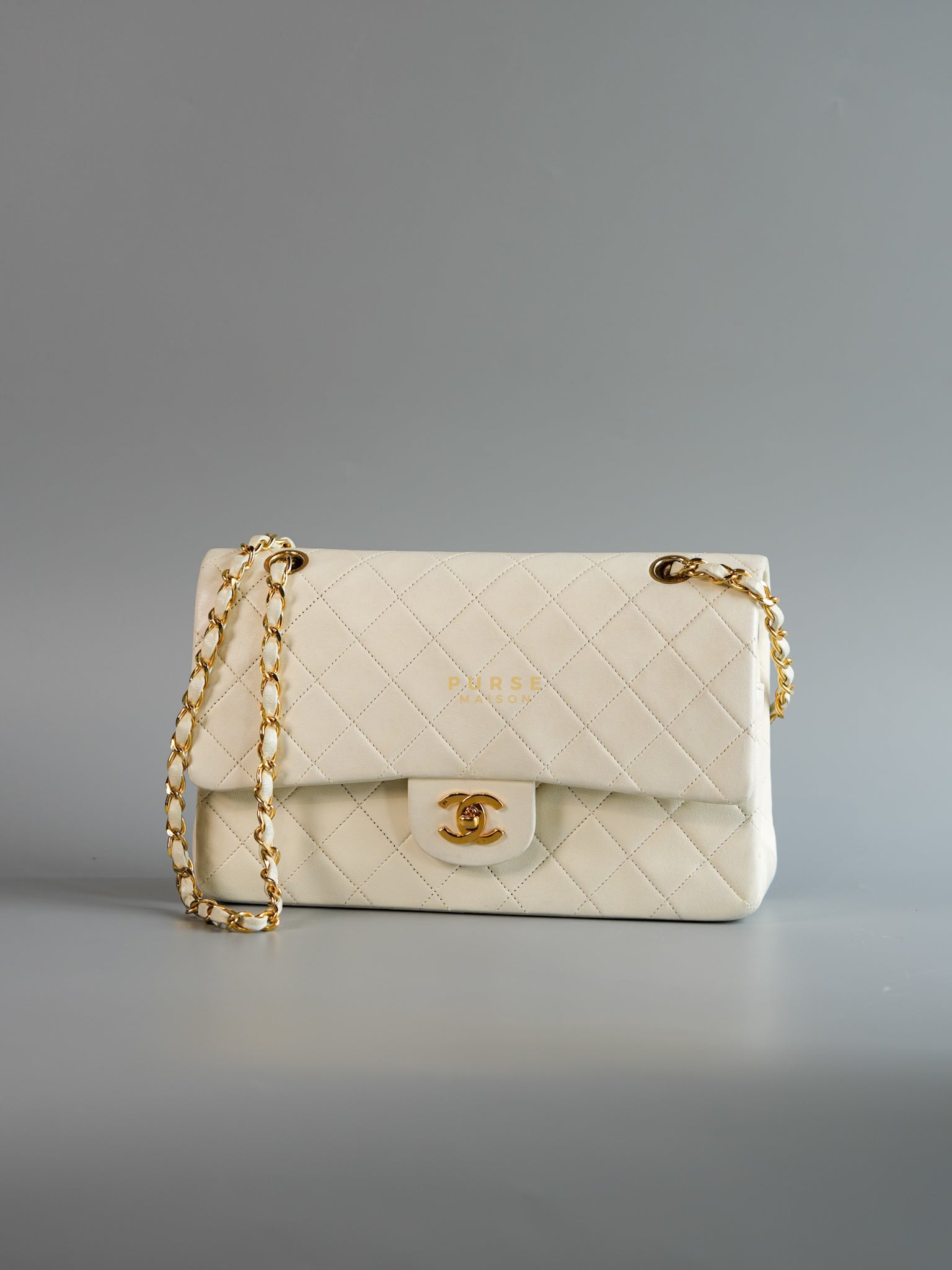 Vintage Classic Double Flap in Medium White Lambskin Leather & 24 karat Gold Hardware Series 0 | Purse Maison Luxury Bags Shop