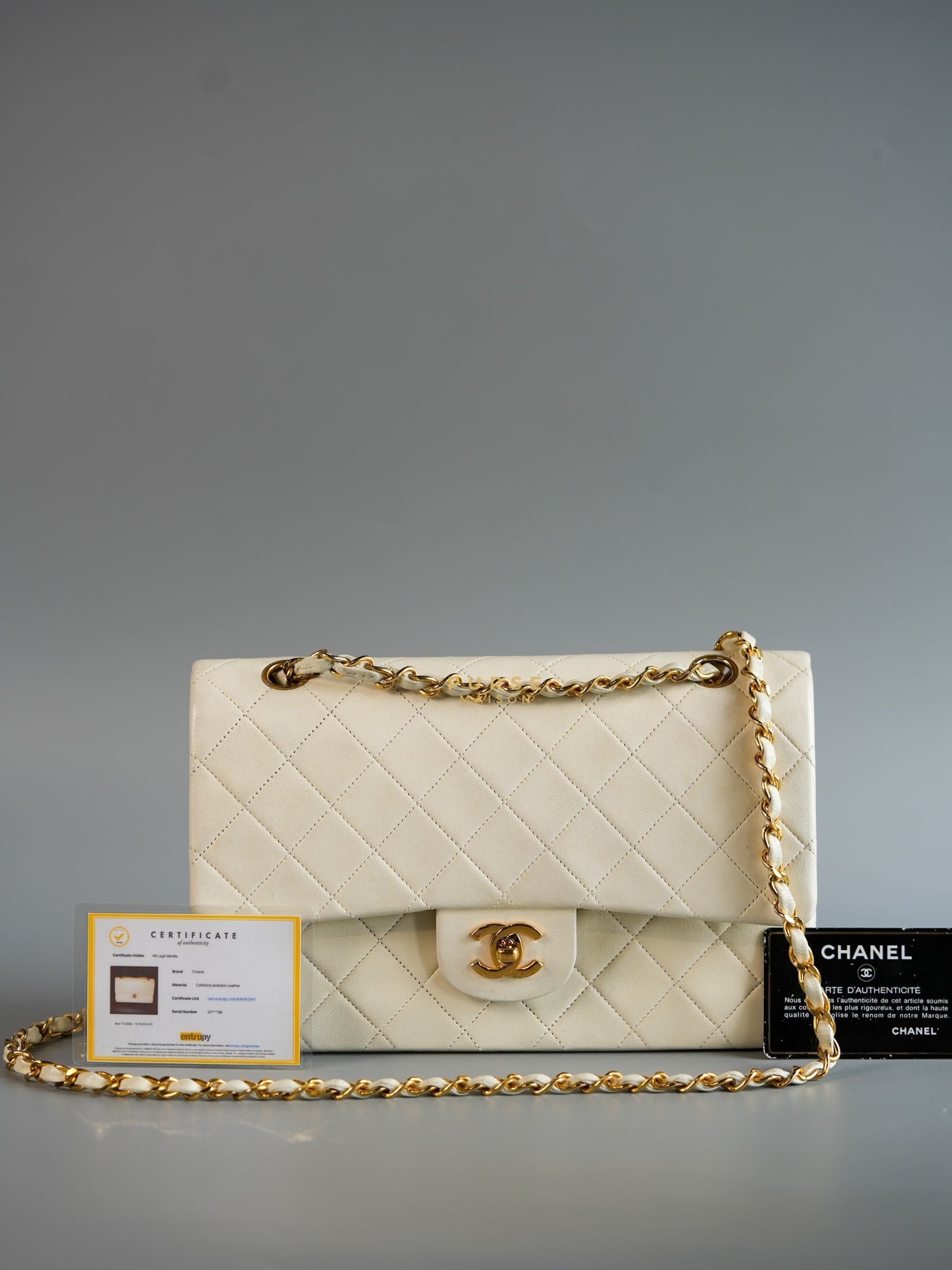 Vintage Classic Double Flap in Medium White Lambskin Leather & 24 karat Gold Hardware Series 0 | Purse Maison Luxury Bags Shop