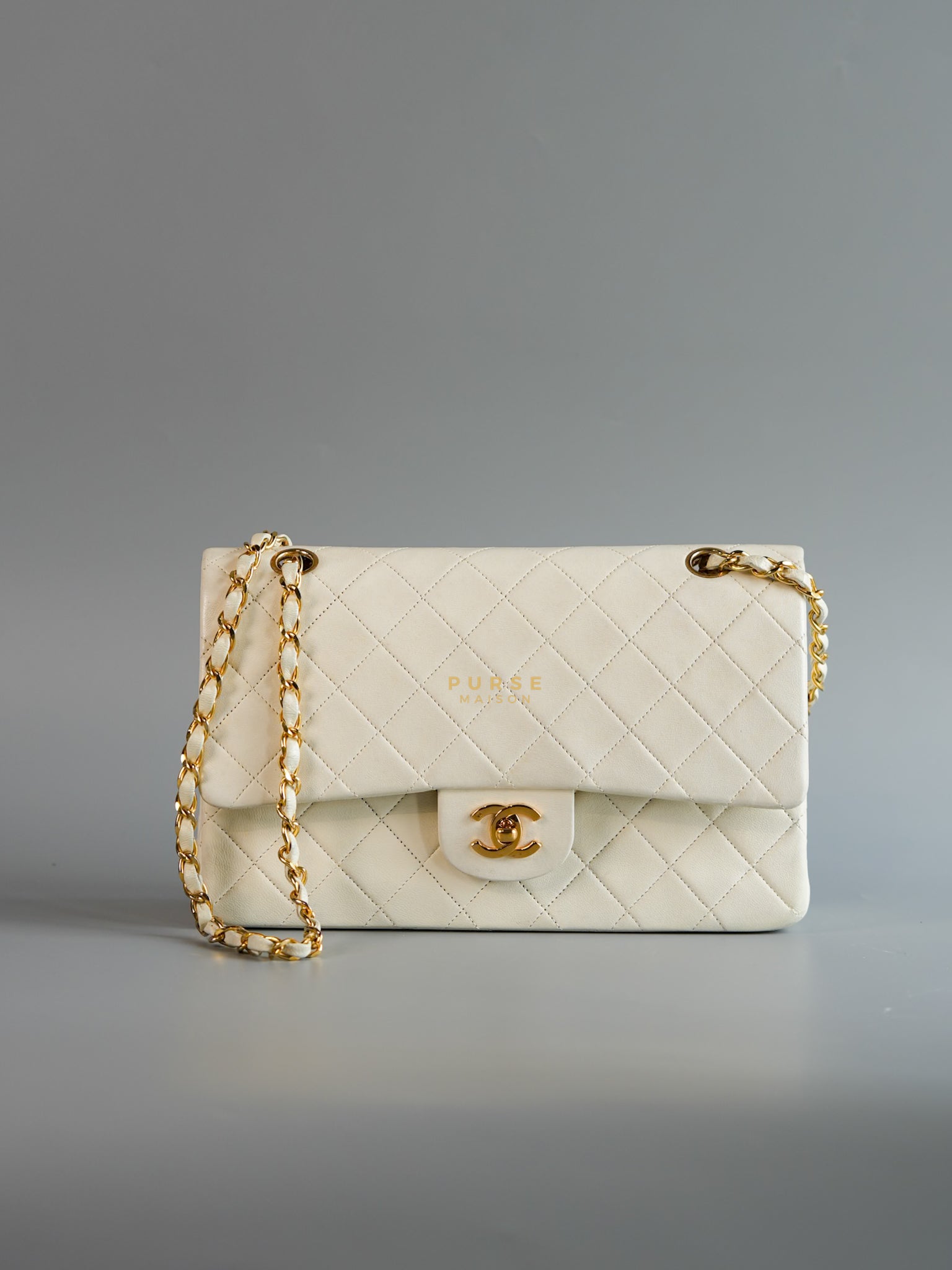 Vintage Classic Double Flap in Medium White Lambskin Leather & 24 karat Gold Hardware Series 0 | Purse Maison Luxury Bags Shop