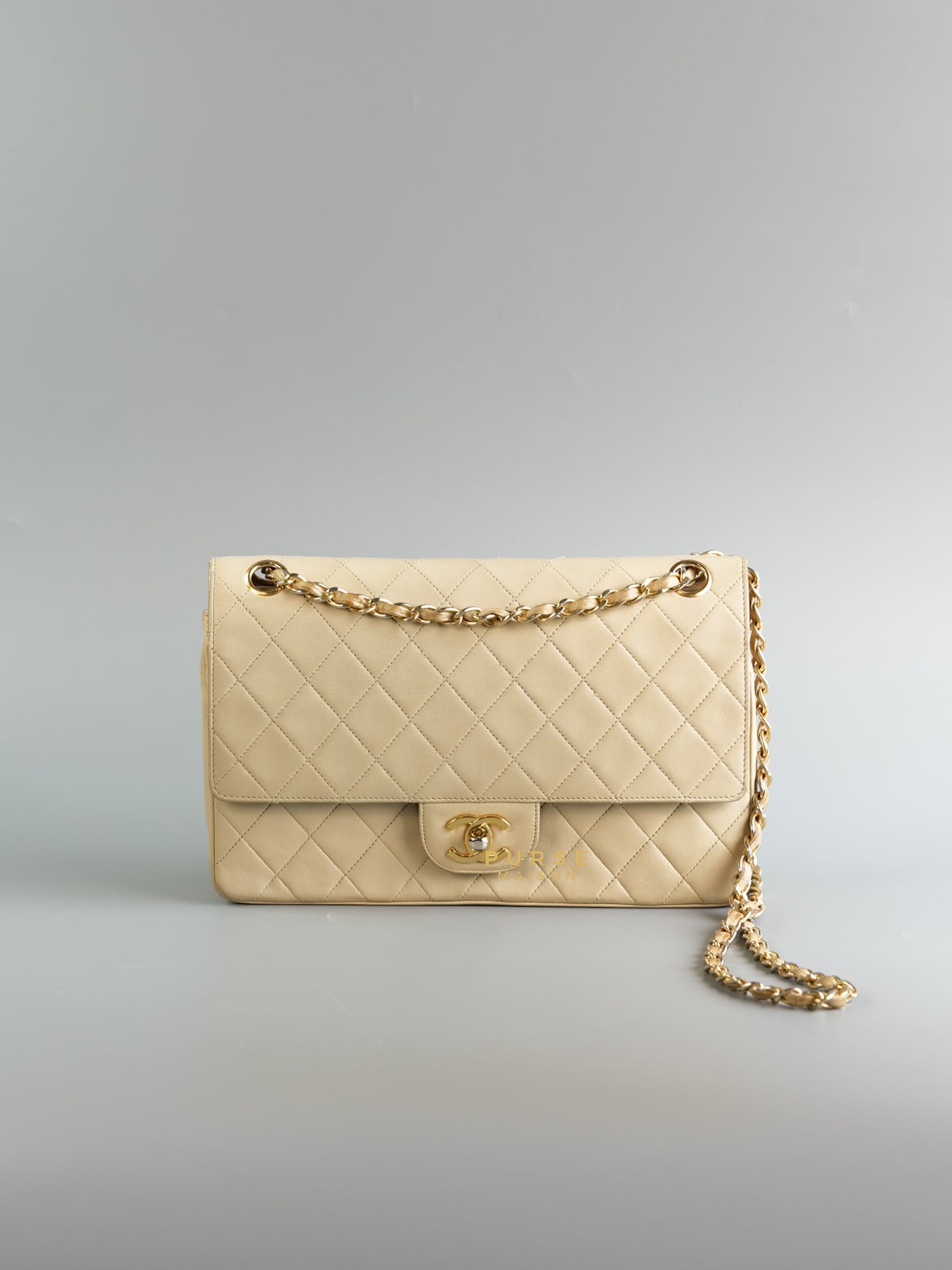 Vintage Classic Double Flap Medium in Beige Lambskin and 24k Gold Hardware Series 0 | Purse Maison Luxury Bags Shop