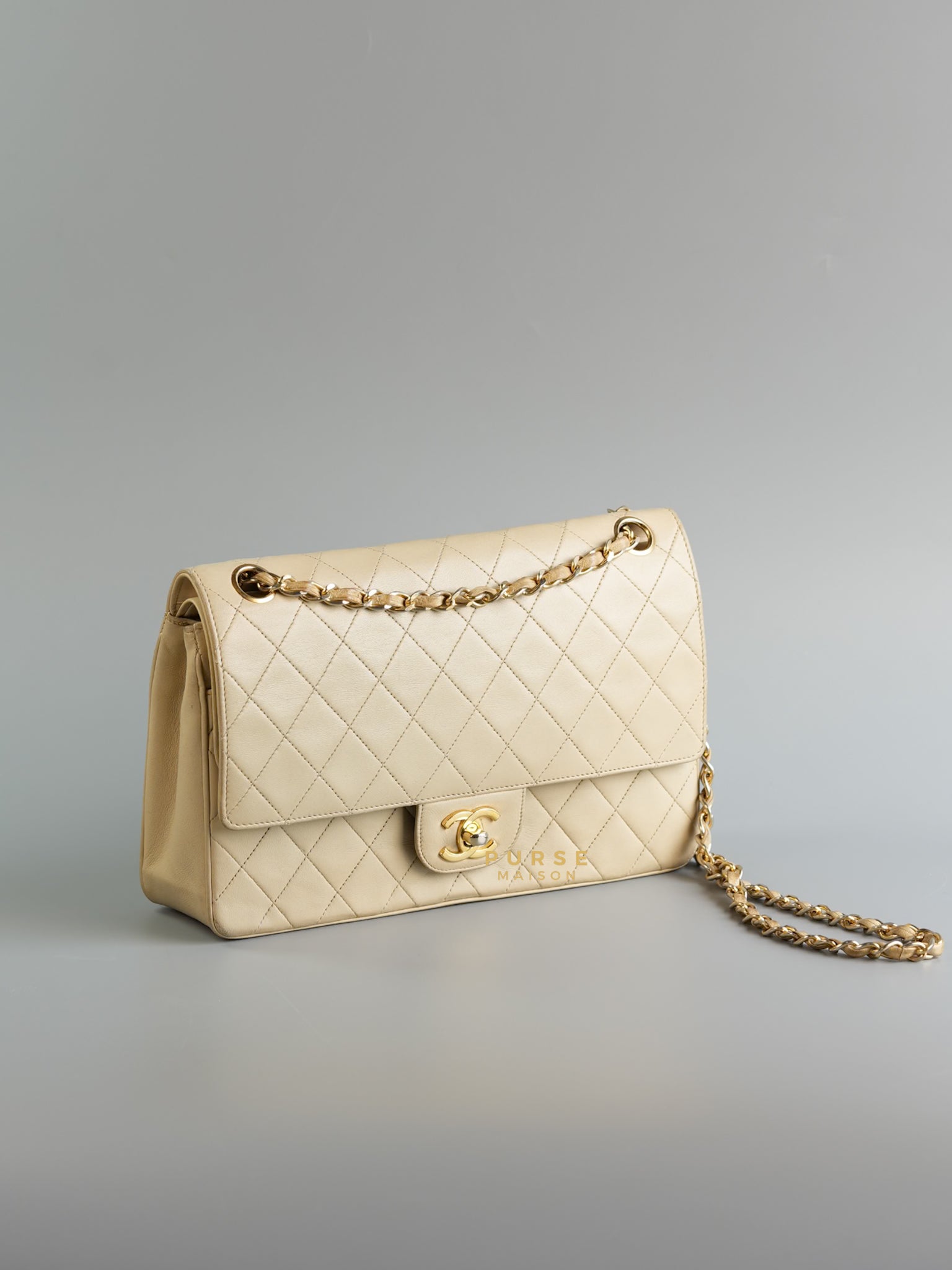 Vintage Classic Double Flap Medium in Beige Lambskin and 24k Gold Hardware Series 0 | Purse Maison Luxury Bags Shop