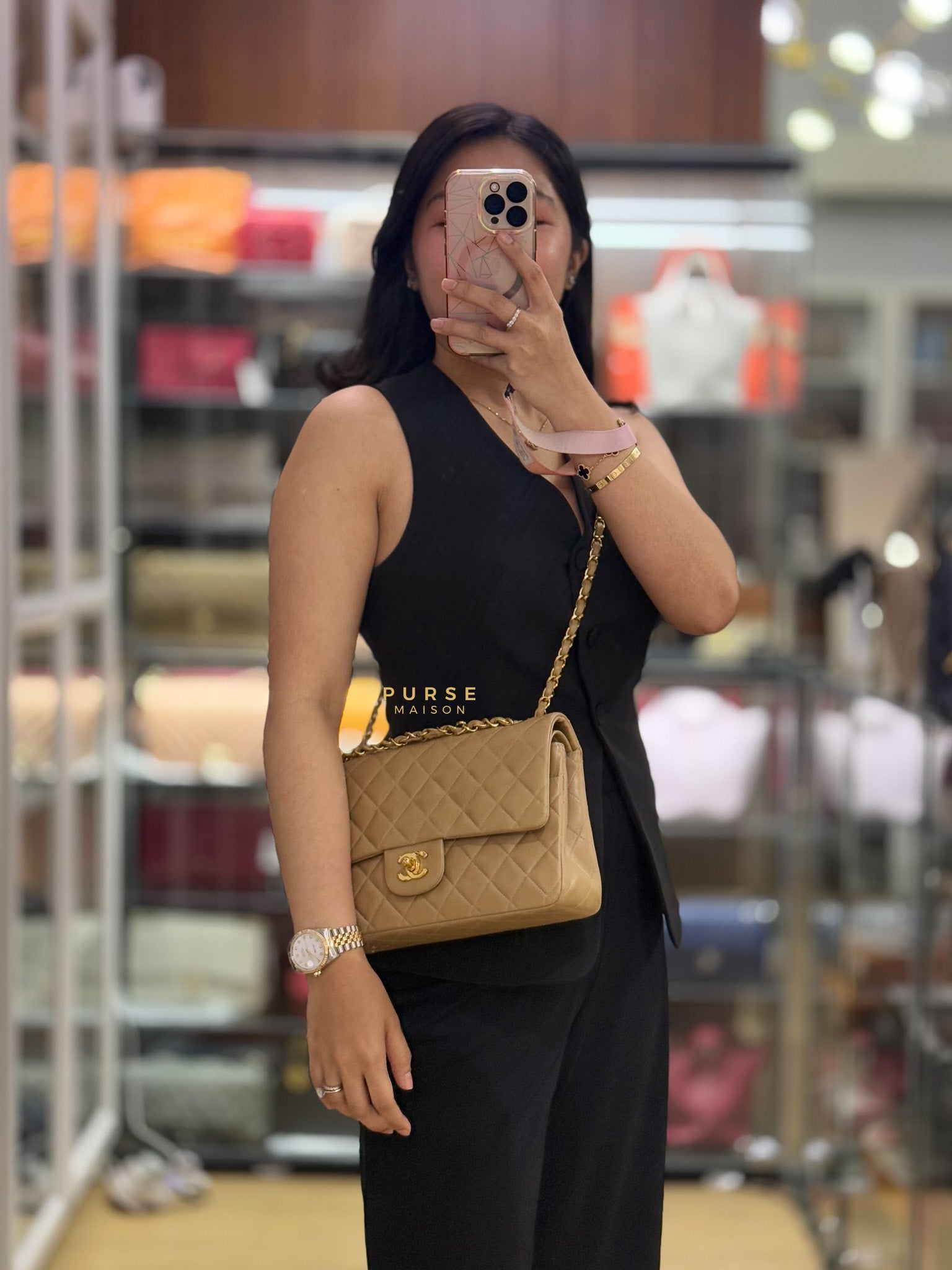 Vintage Classic Double Flap Medium in Dark Beige Lambskin and 24k Gold Hardware Series 3 | Purse Maison Luxury Bags Shop