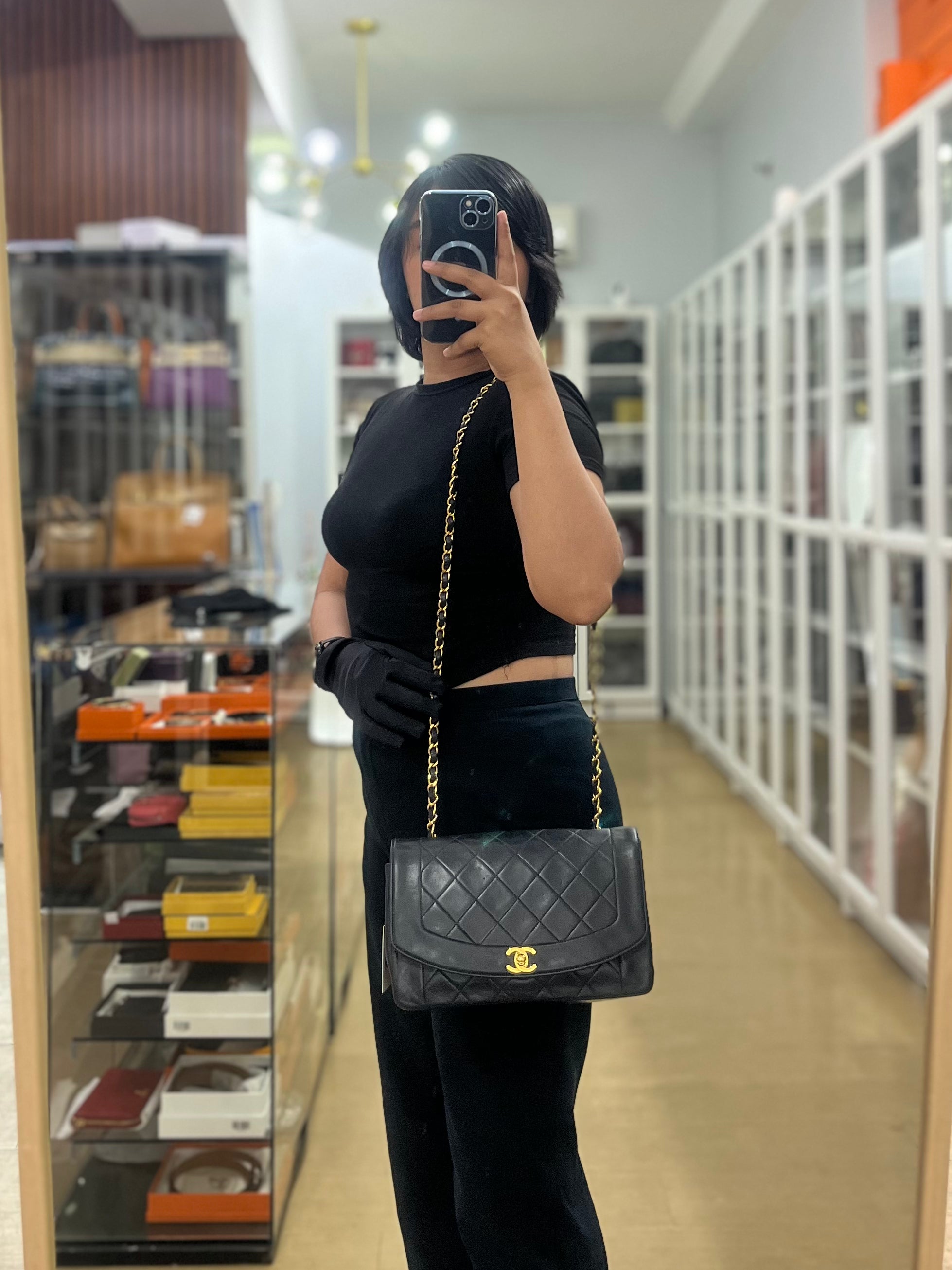 Vintage Diana Classic Single Flap Medium Black Quilted Lambskin Gold Hardware (Series 2) | Purse Maison Luxury Bags Shop
