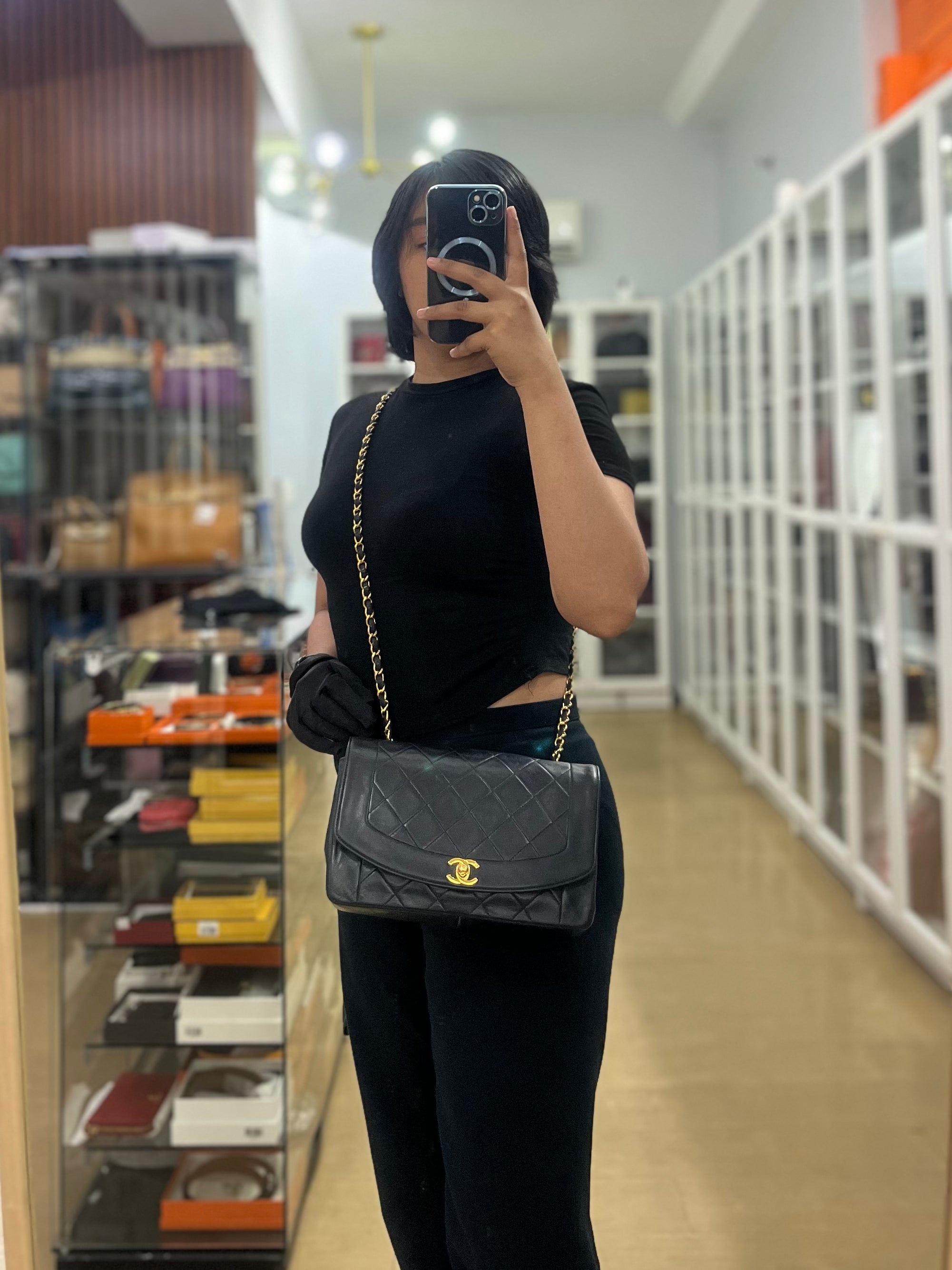 Vintage Diana Classic Single Flap Medium Black Quilted Lambskin Gold Hardware (Series 2) | Purse Maison Luxury Bags Shop
