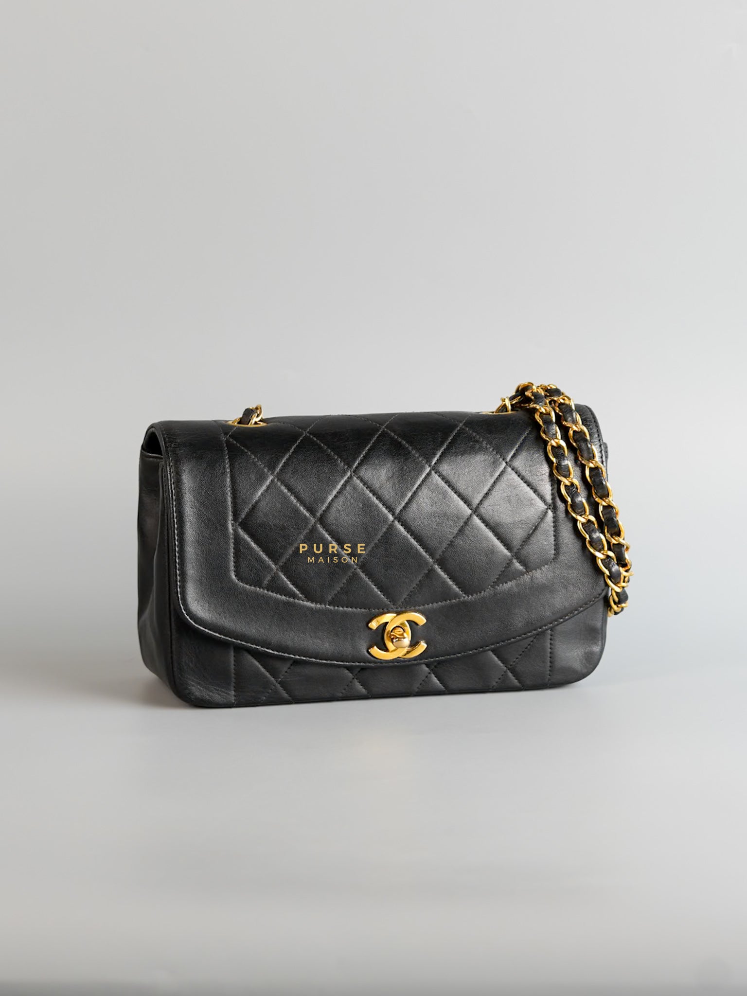 Vintage Diana Flap Bag Black Lambskin Leather and 24k Gold Hardware | Purse Maison Luxury Bags Shop