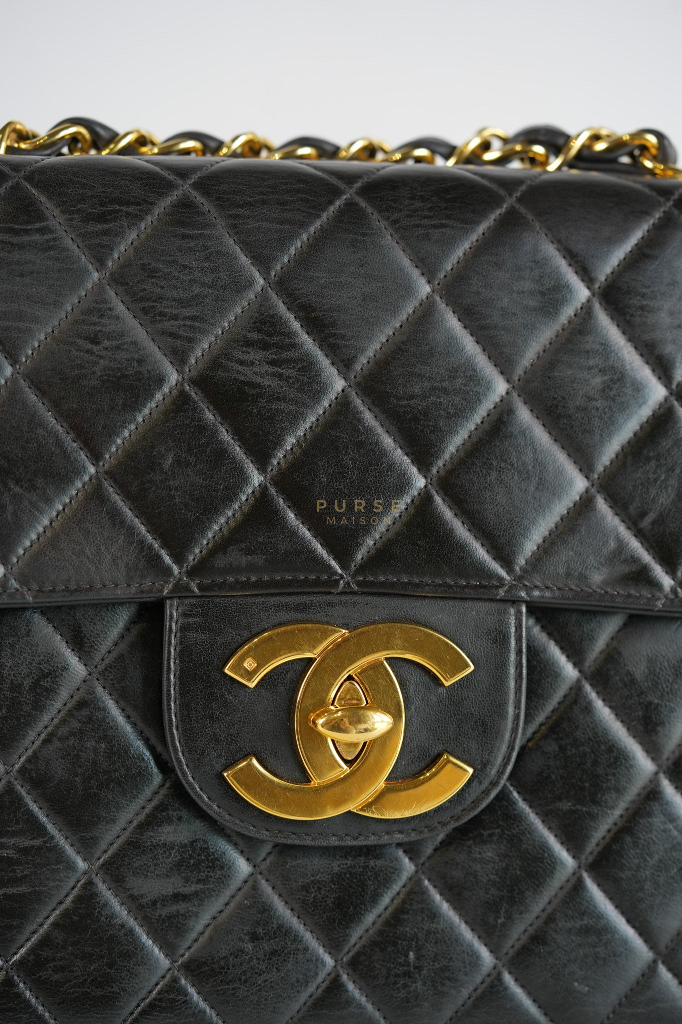Vintage Jumbo Square Flap Bag in Black Quilted Lambskin Leather 24k Gold Hardware (Series 3) | Purse Maison Luxury Bags Shop