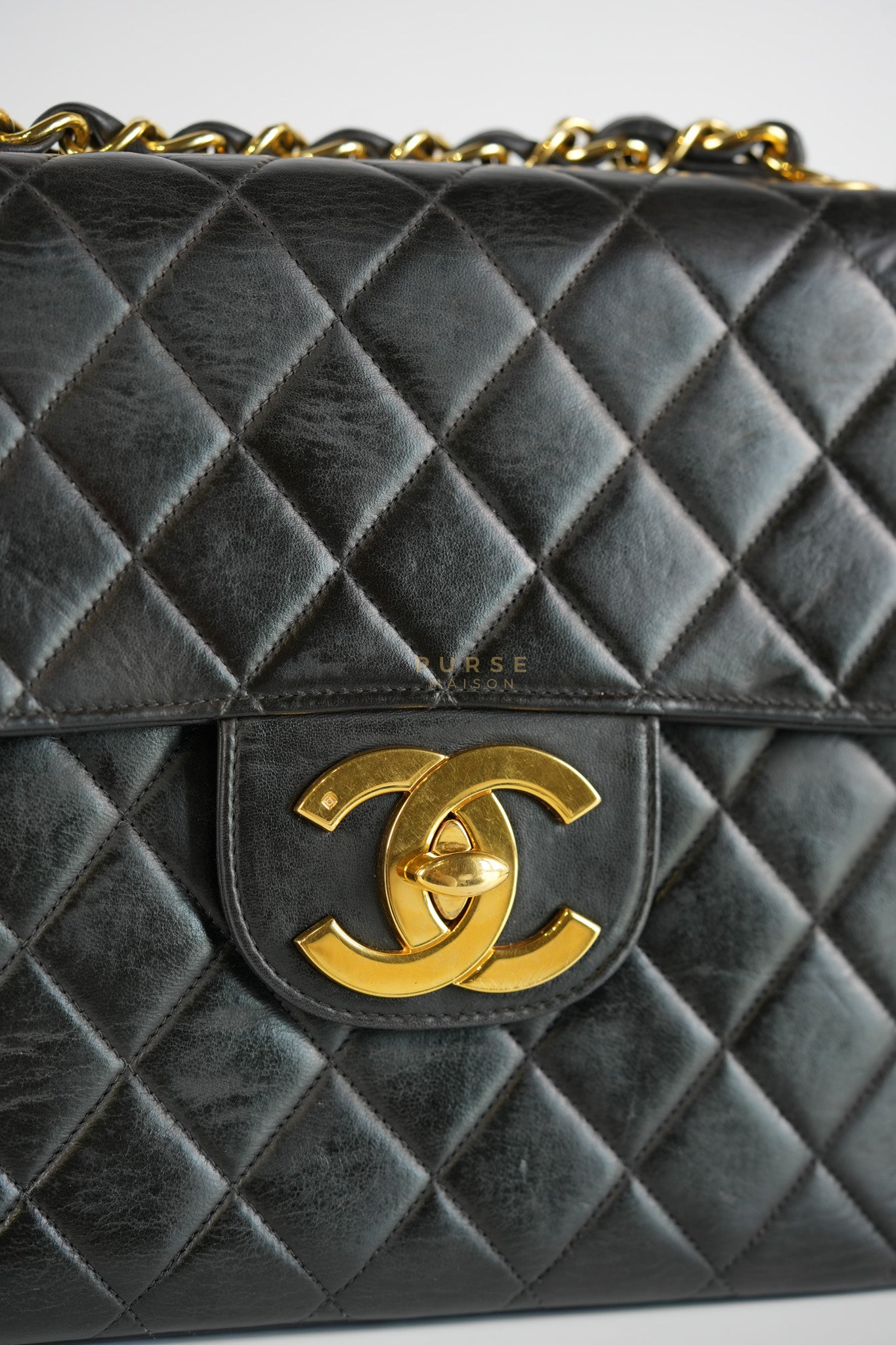 Vintage Jumbo Square Flap Bag in Black Quilted Lambskin Leather 24k Gold Hardware (Series 3) | Purse Maison Luxury Bags Shop