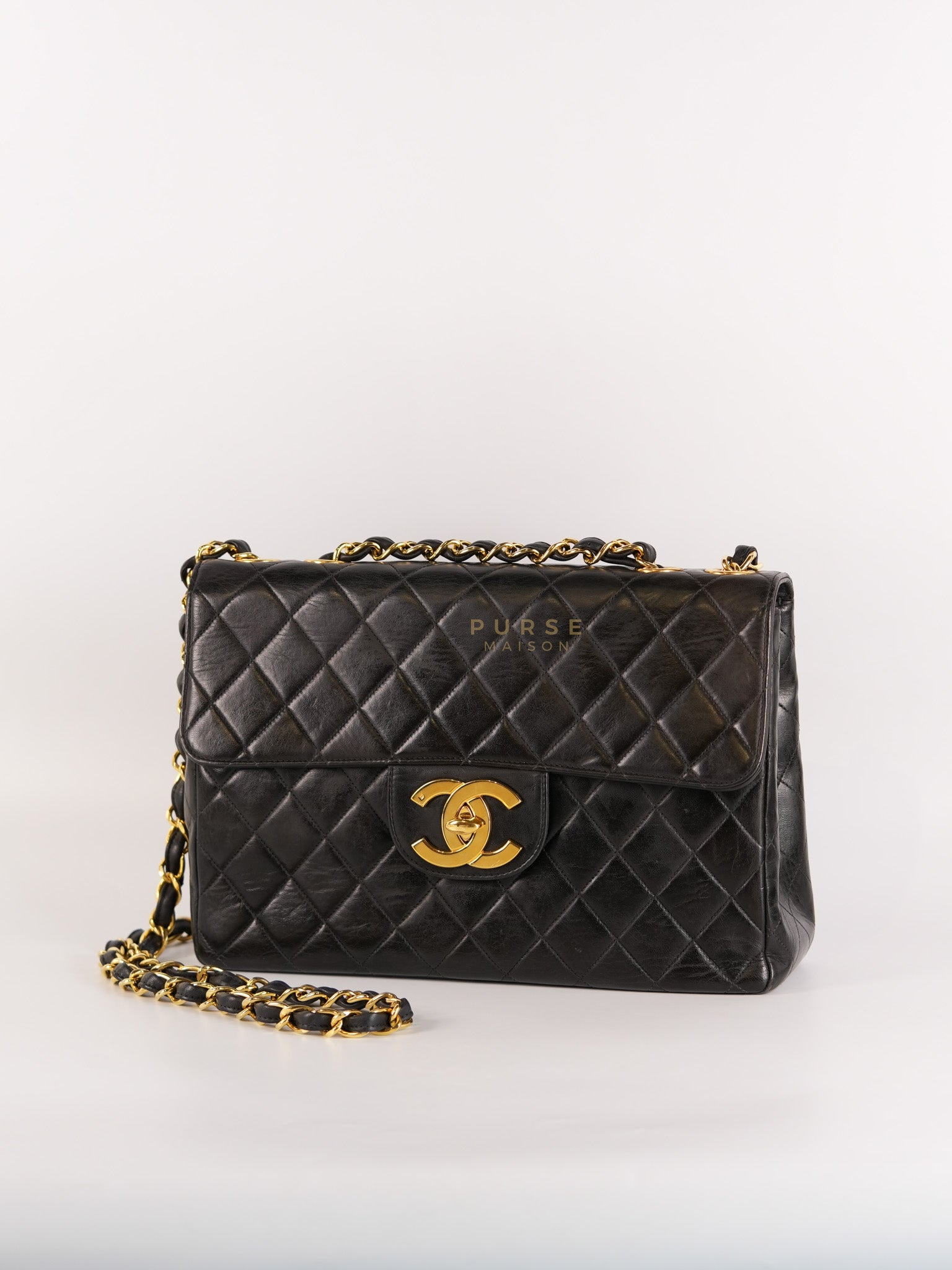 Vintage Jumbo Square Flap Bag in Black Quilted Lambskin Leather 24k Gold Hardware (Series 3) | Purse Maison Luxury Bags Shop