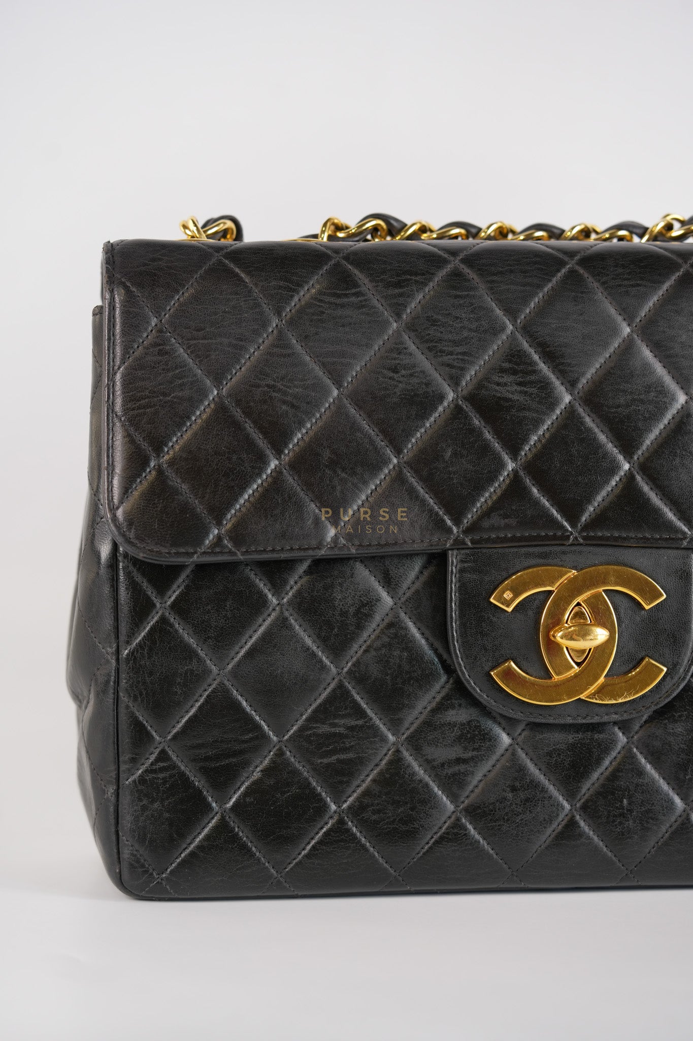 Vintage Jumbo Square Flap Bag in Black Quilted Lambskin Leather 24k Gold Hardware (Series 3) | Purse Maison Luxury Bags Shop