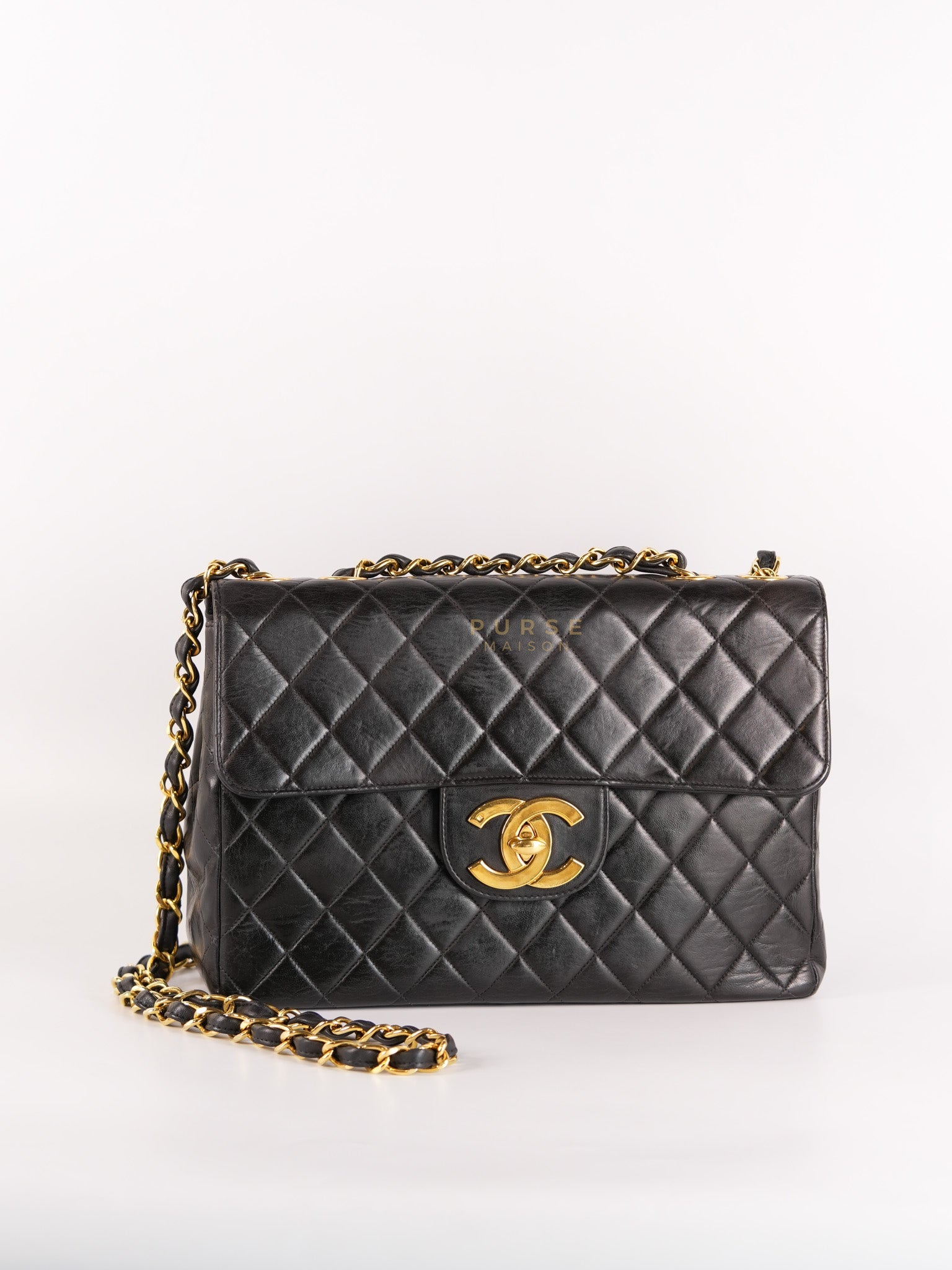 Vintage Jumbo Square Flap Bag in Black Quilted Lambskin Leather 24k Gold Hardware (Series 3) | Purse Maison Luxury Bags Shop