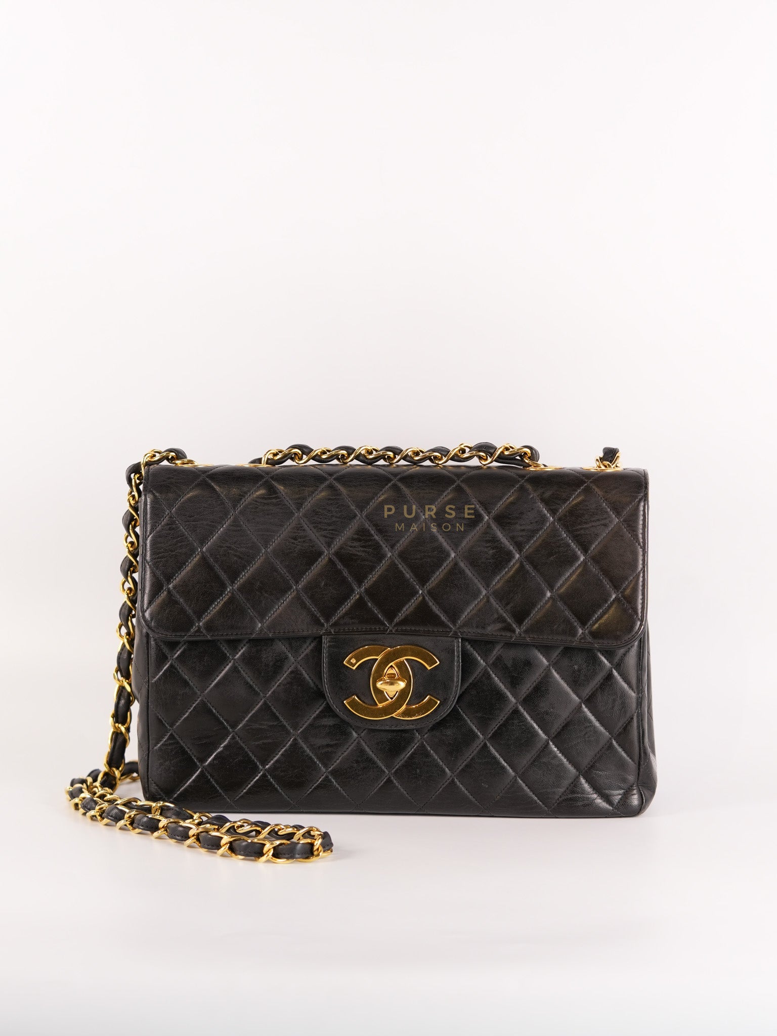 Vintage Jumbo Square Flap Bag in Black Quilted Lambskin Leather 24k Gold Hardware (Series 3) | Purse Maison Luxury Bags Shop