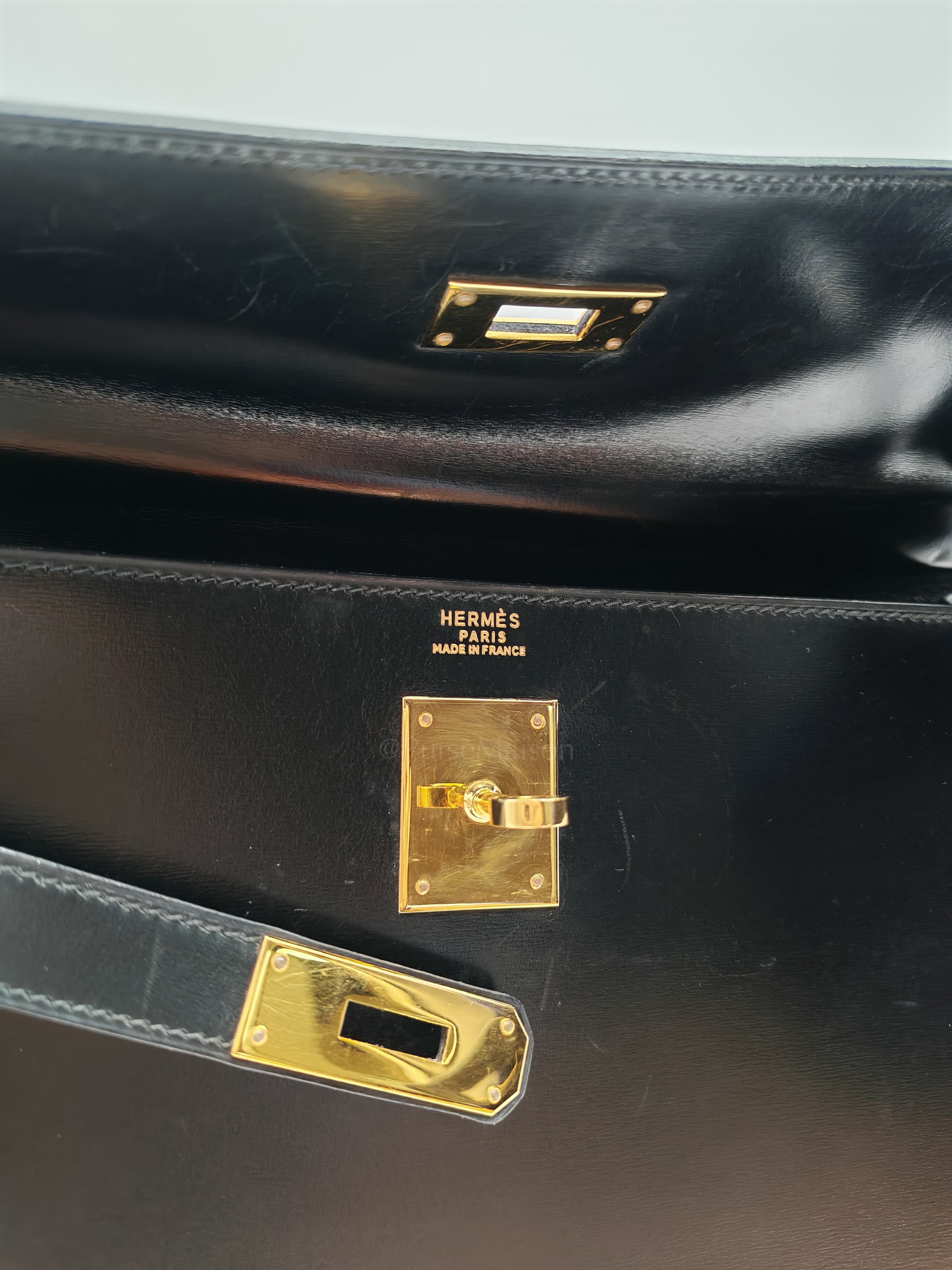 Vintage Kelly 32 Sellier Box Calfskin Leather in Gold Hardware Stamp S Circle(1989) | Purse Maison Luxury Bags Shop
