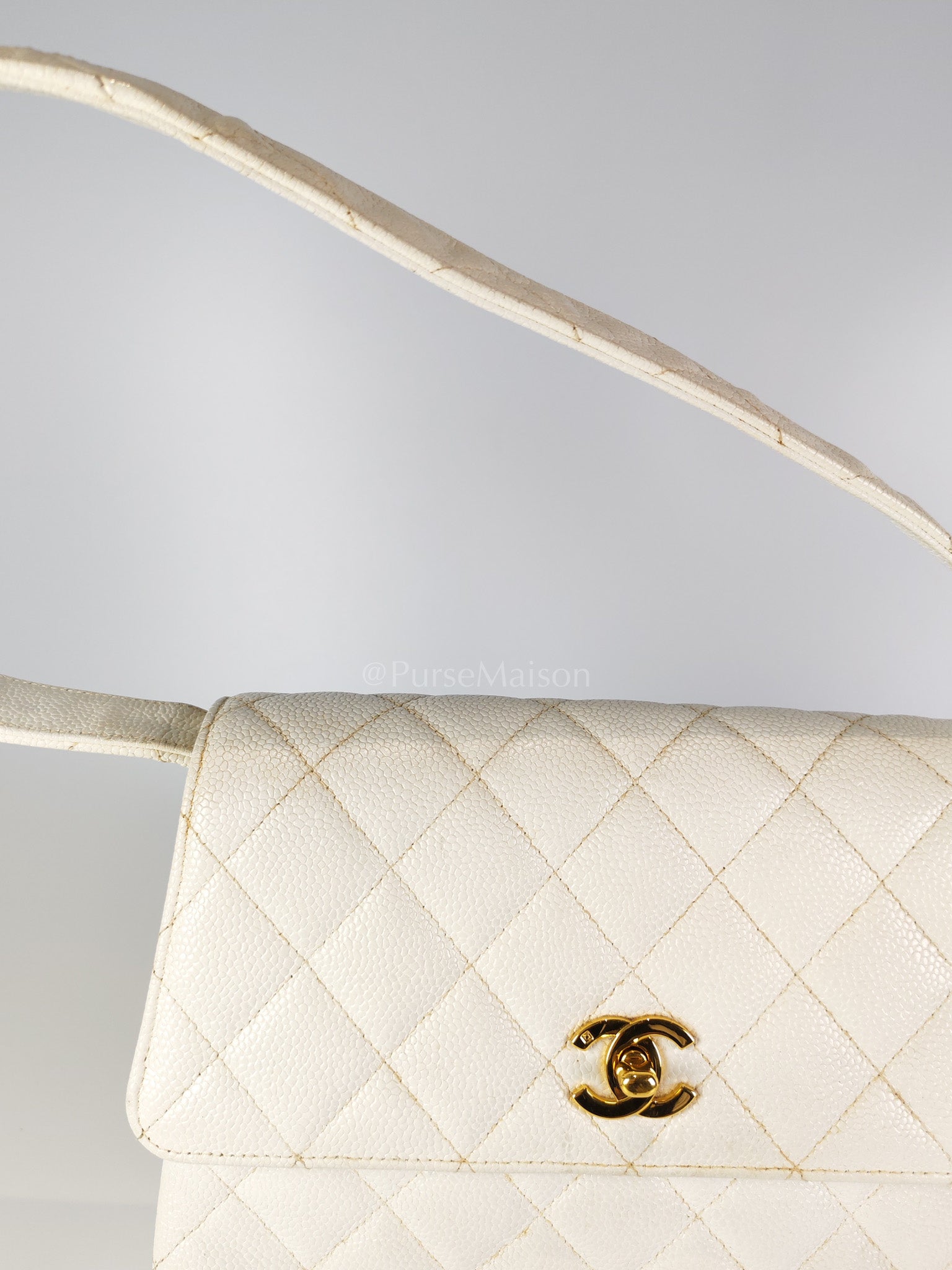 Vintage Kelly Flap in White Caviar Leather and Gold Hardware Shoulder Bag Series 4 | Purse Maison Luxury Bags Shop