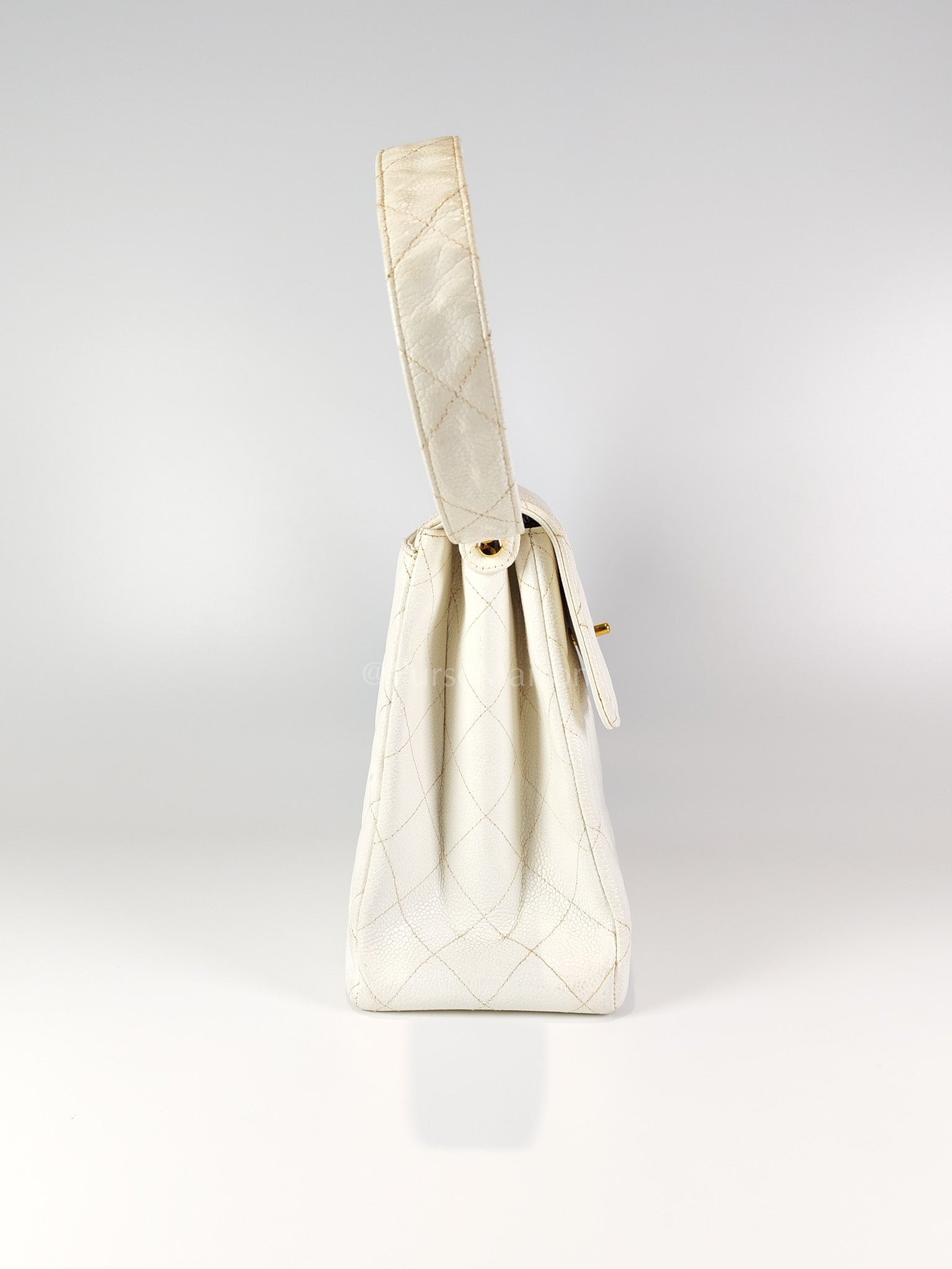 Vintage Kelly Flap in White Caviar Leather and Gold Hardware Shoulder Bag Series 4 | Purse Maison Luxury Bags Shop