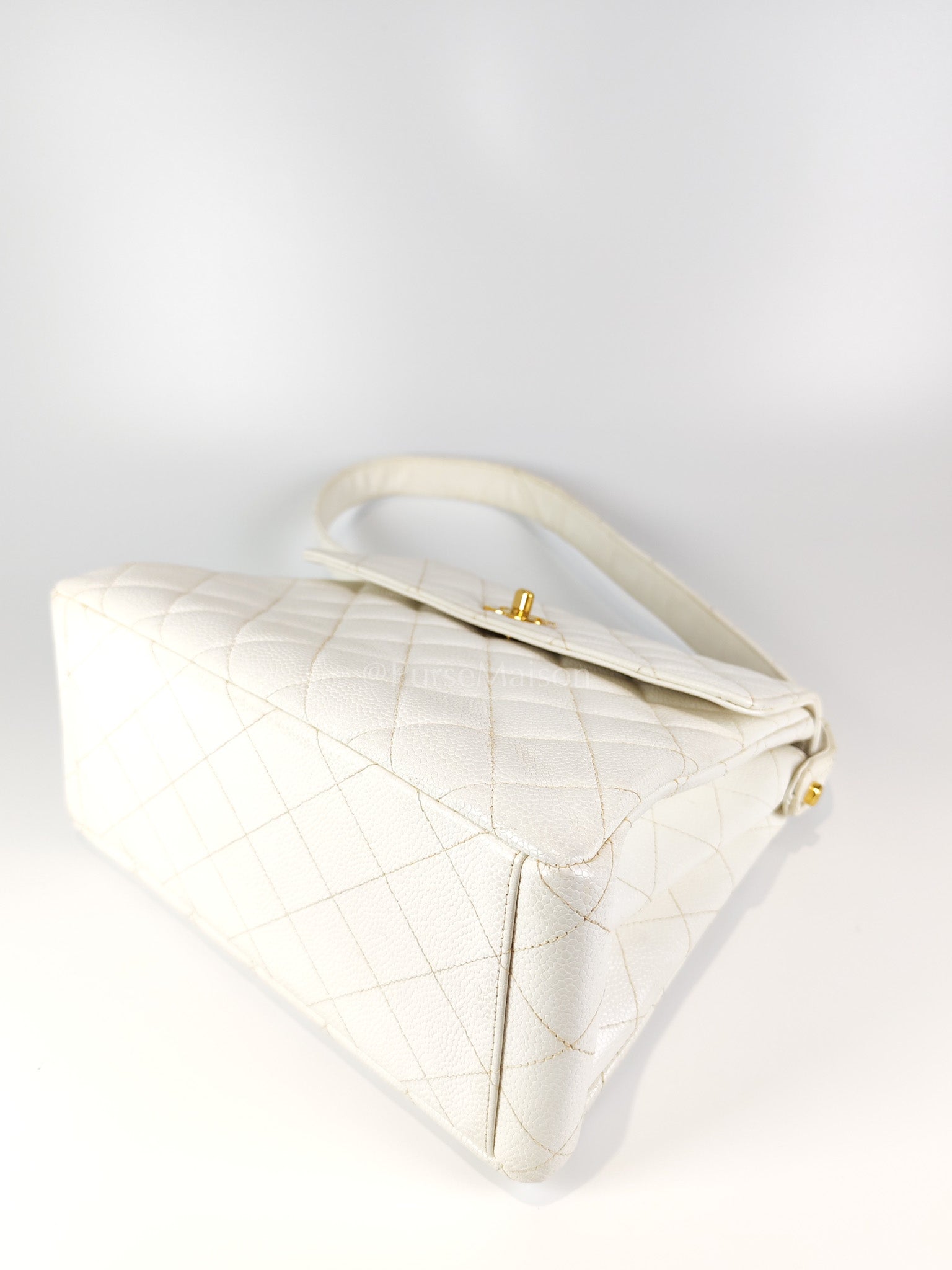 Vintage Kelly Flap in White Caviar Leather and Gold Hardware Shoulder Bag Series 4 | Purse Maison Luxury Bags Shop