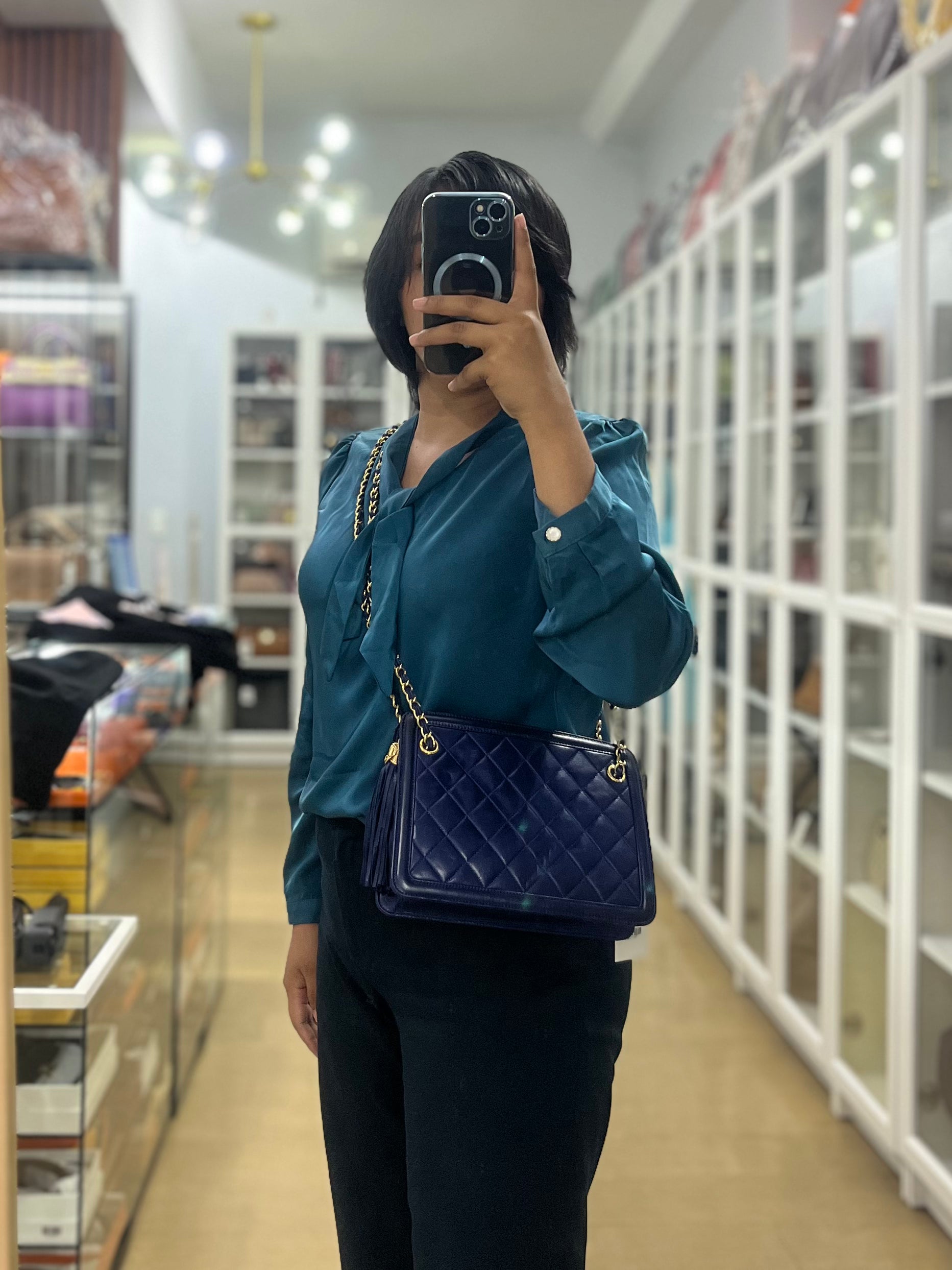 Vintage Shoulder Bag Medium in Dark Blue Lambskin Leather(Series 12) | Purse Maison Luxury Bags Shop