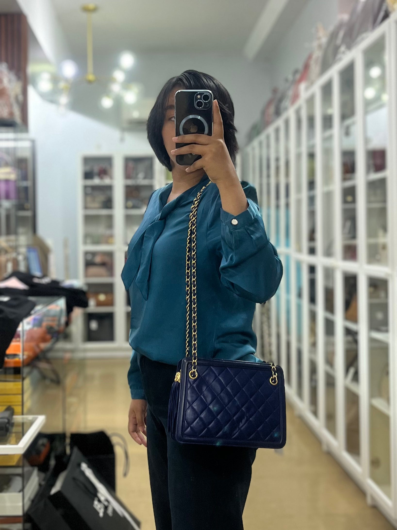Vintage Shoulder Bag Medium in Dark Blue Lambskin Leather(Series 12) | Purse Maison Luxury Bags Shop