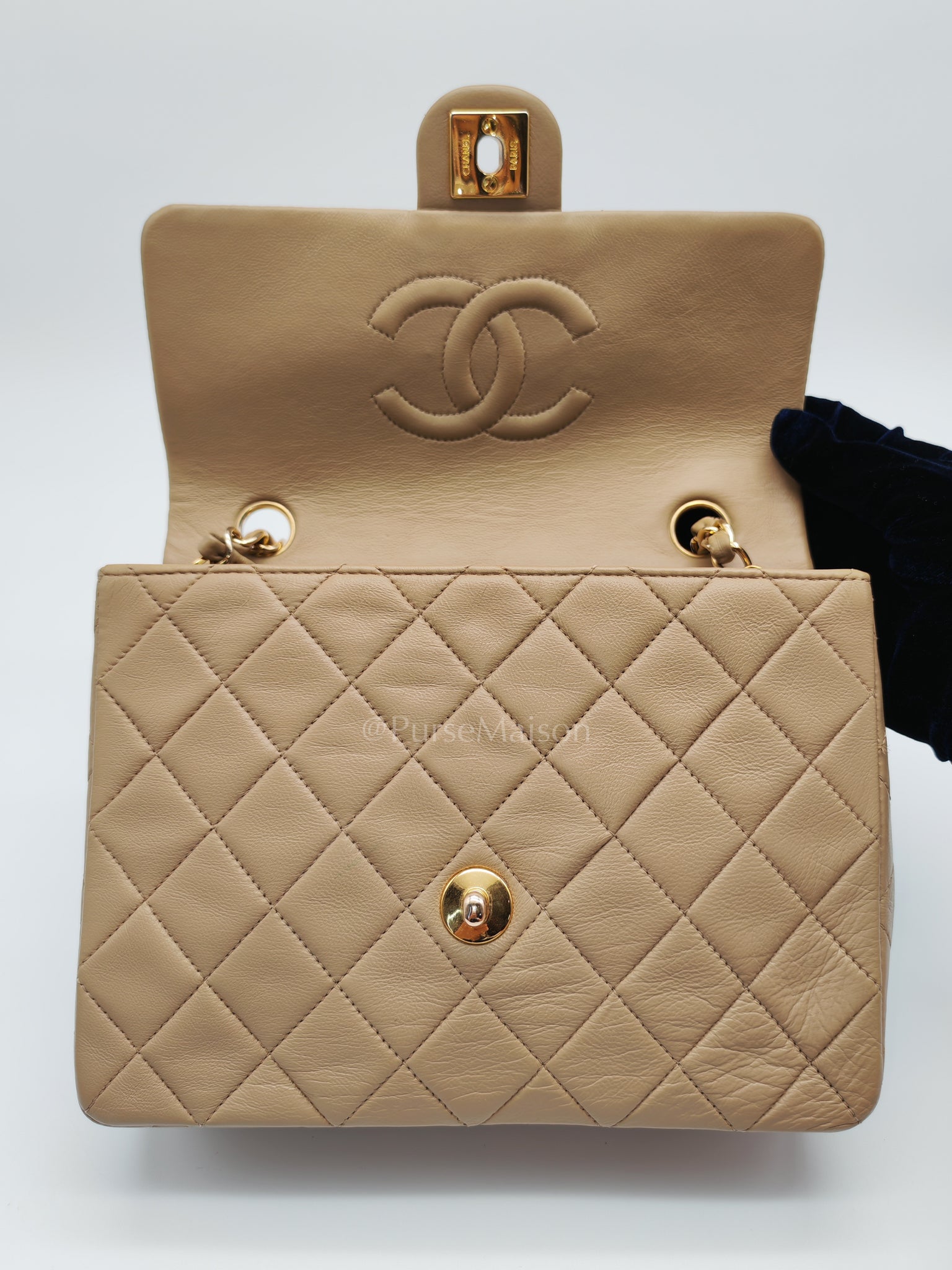 Vintage Single Flap in Dark Beige Quilted Lambskin Leather and Gold Hardware Series 1 | Purse Maison Luxury Bags Shop