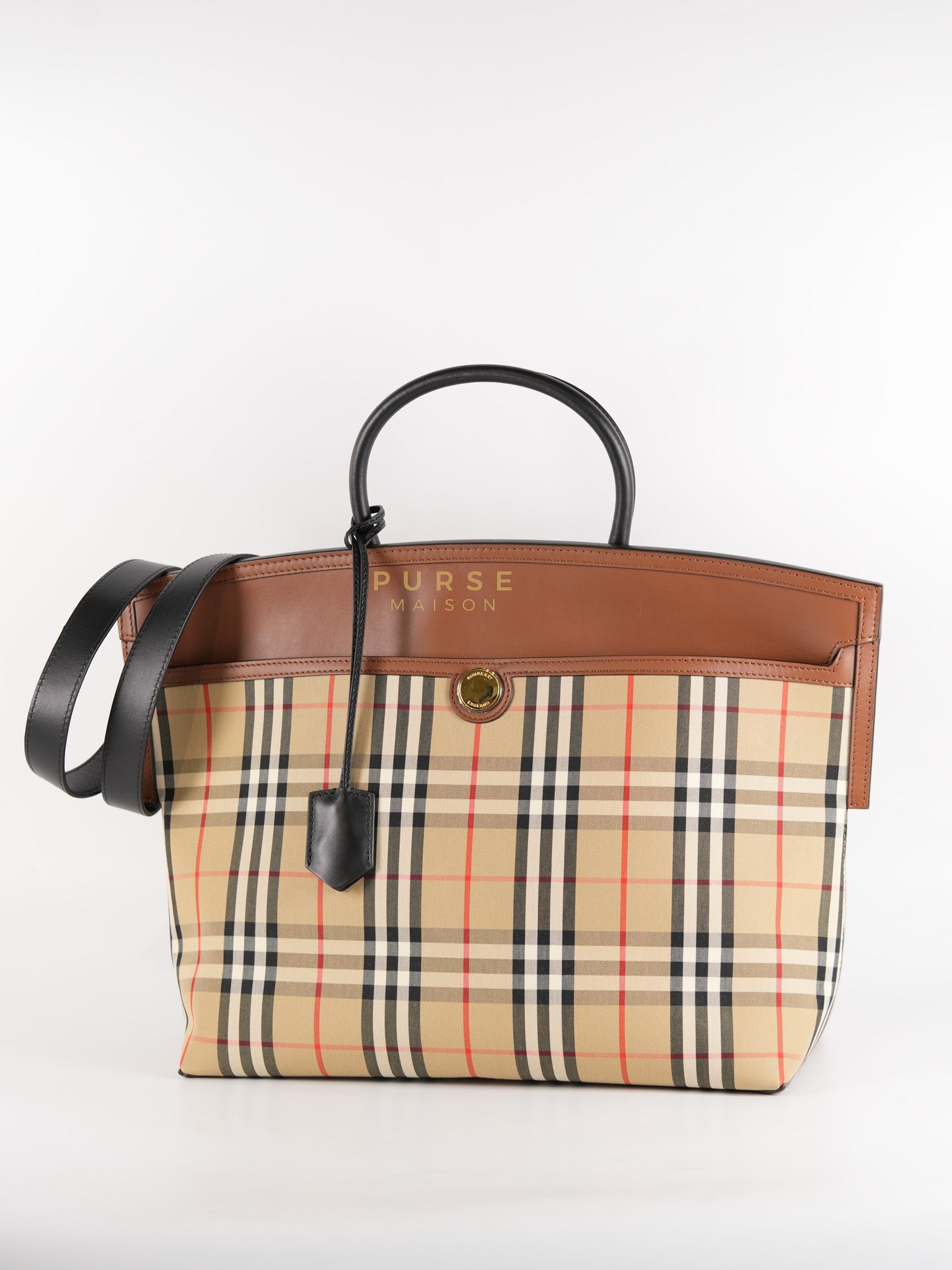 Vintage Society Top Handle Bag Large in Brown Check Canvas & Leather | Purse Maison Luxury Bags Shop