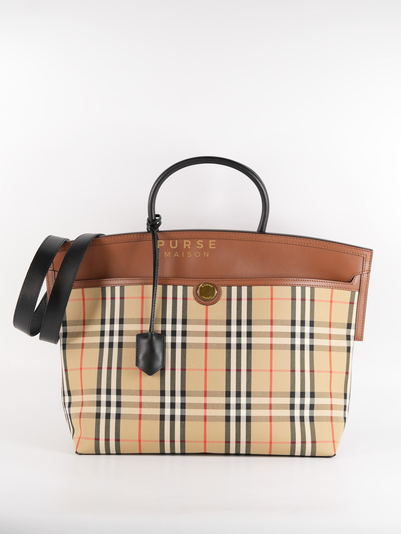 Vintage Society Top Handle Bag Large in Brown Check Canvas & Leather | Purse Maison Luxury Bags Shop
