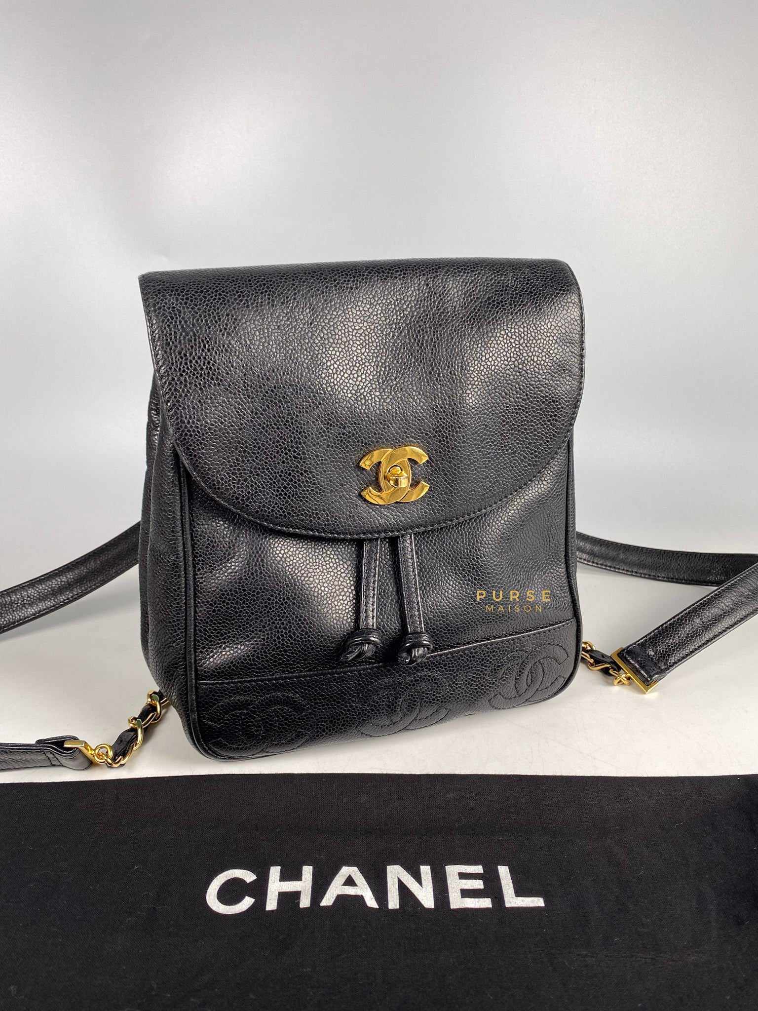 Chanel Vintage Triple CC Backpack in Black Caviar Leather and 24k Gold Hardware (Series 4)